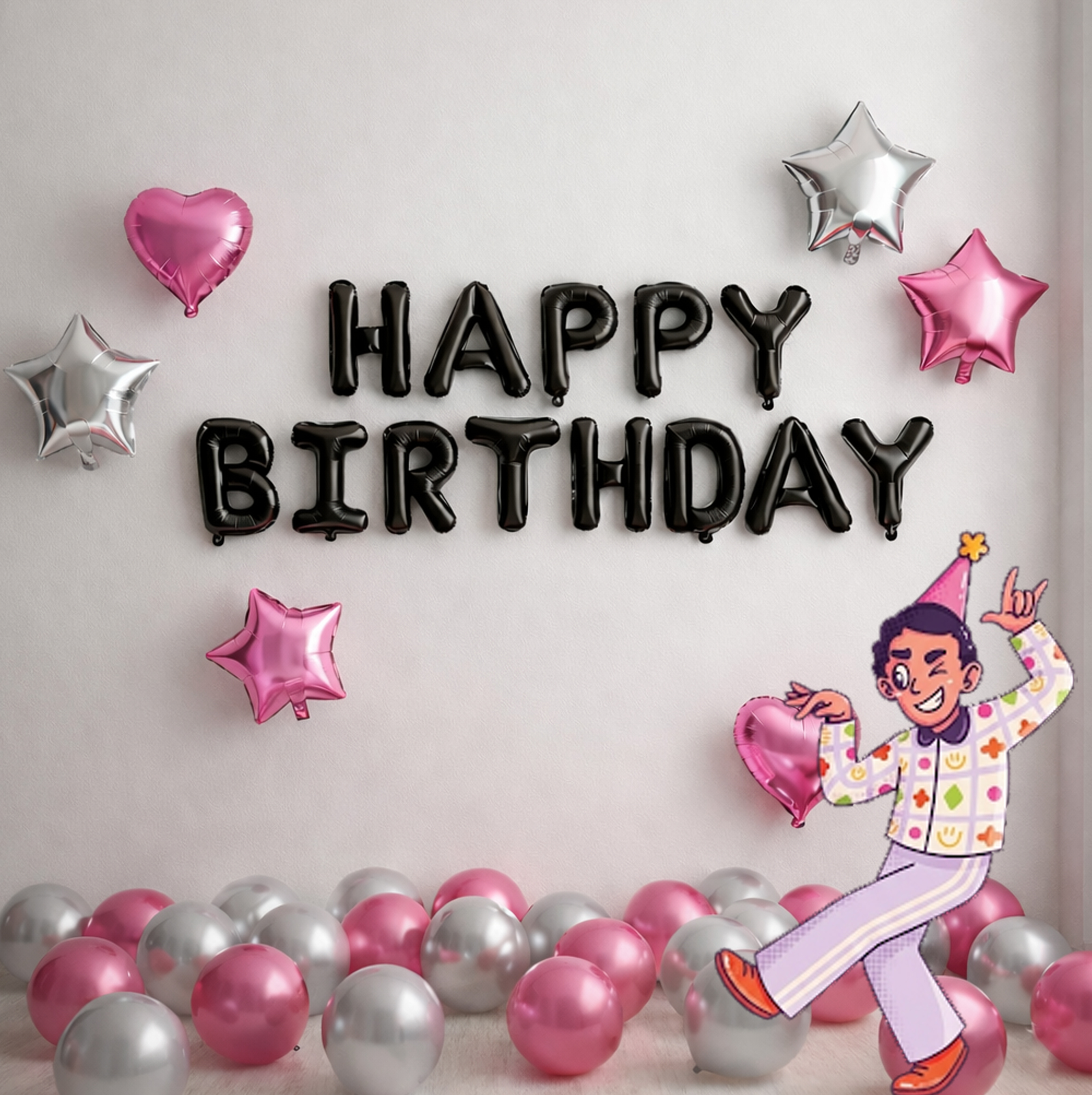 #color_Black HBD Pink Silver Balloons