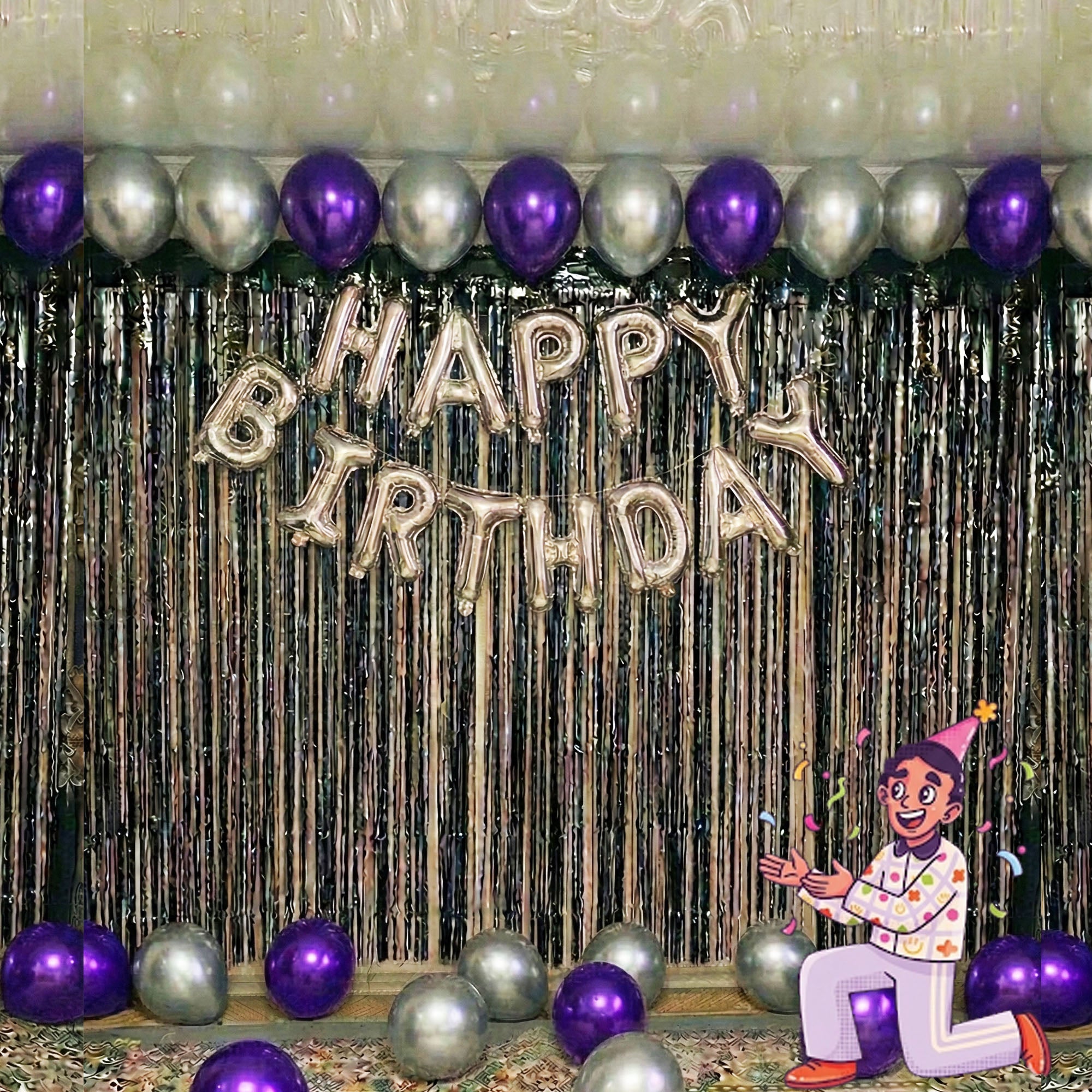 #Color_Black Curtain with Silver & Purple Balloons | Silver HBD