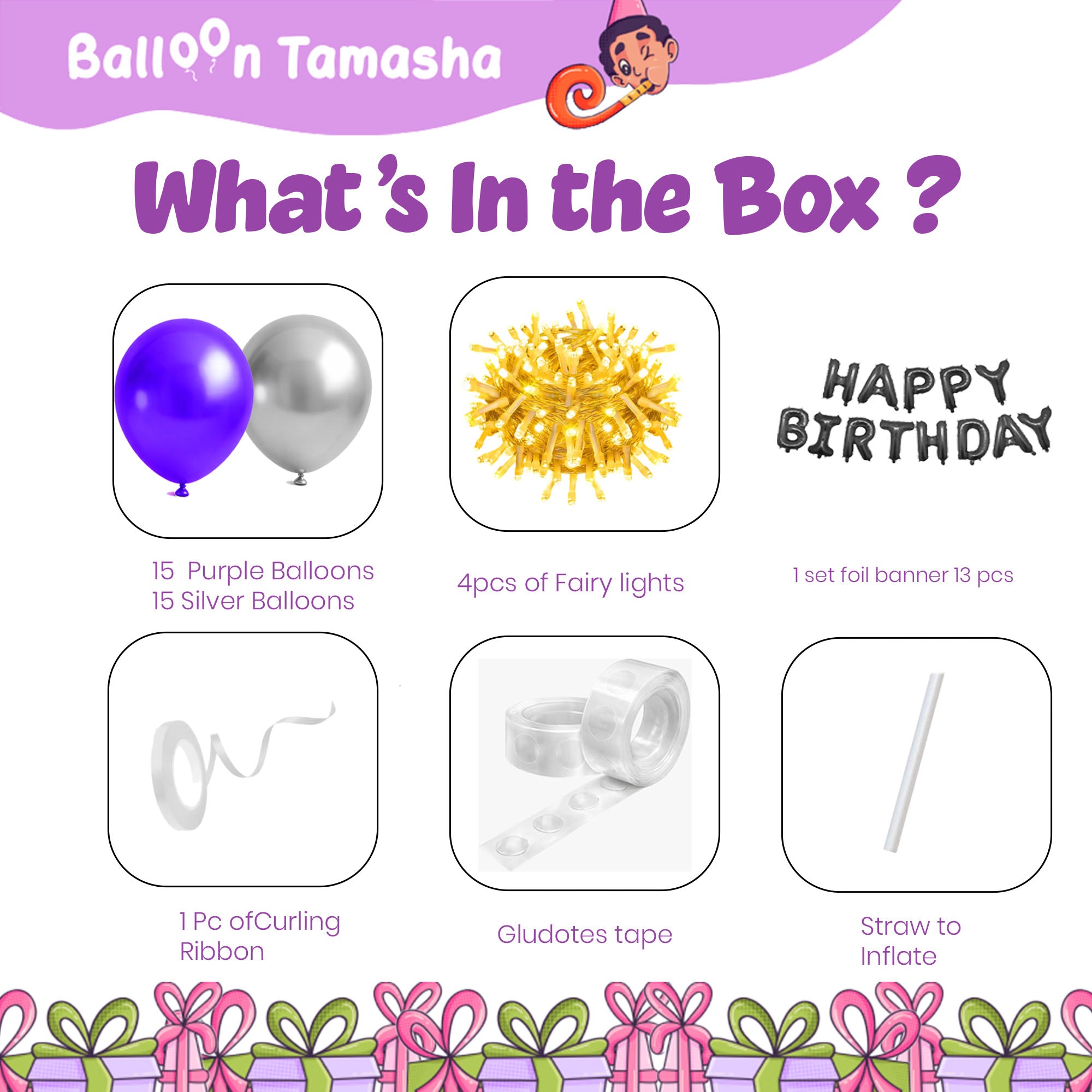 #Color_Silver & Purple Balloons with Black HBD