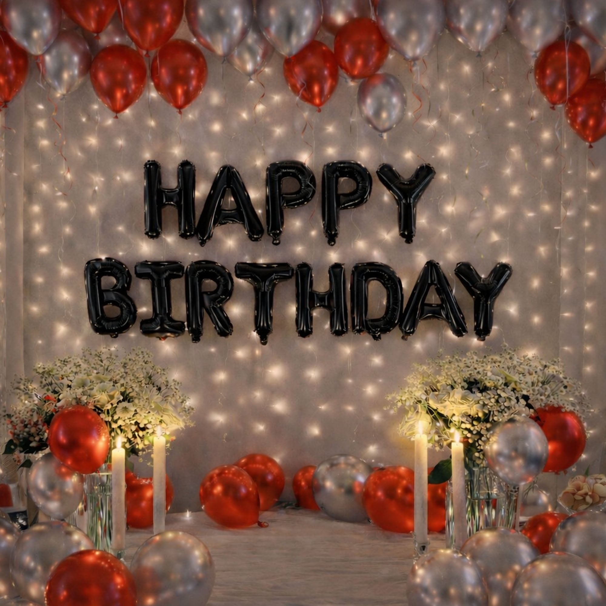 #Color_Red & Silver Balloons with Black HBD