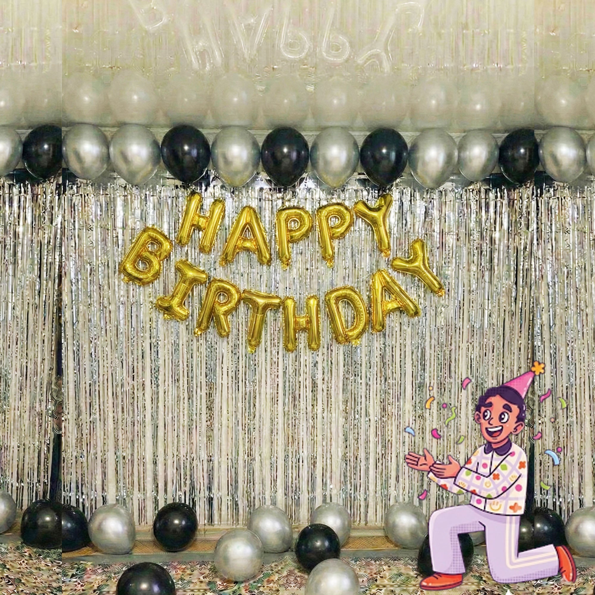 #Color_Silver Curtain with Black & Silver Balloons | Gold HBD