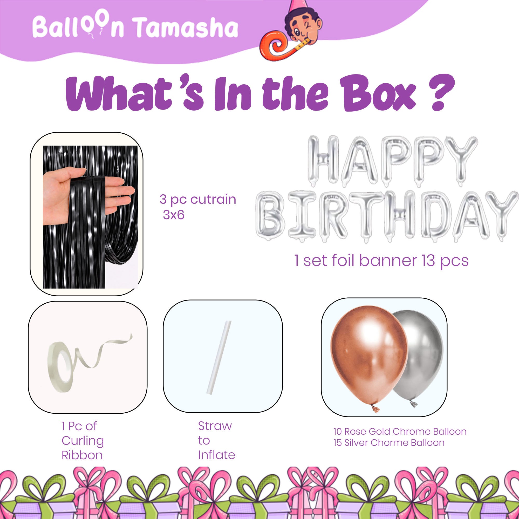 #Color_Black Silver Curtain with Rosegold & Silver Balloons | Silver HBD
