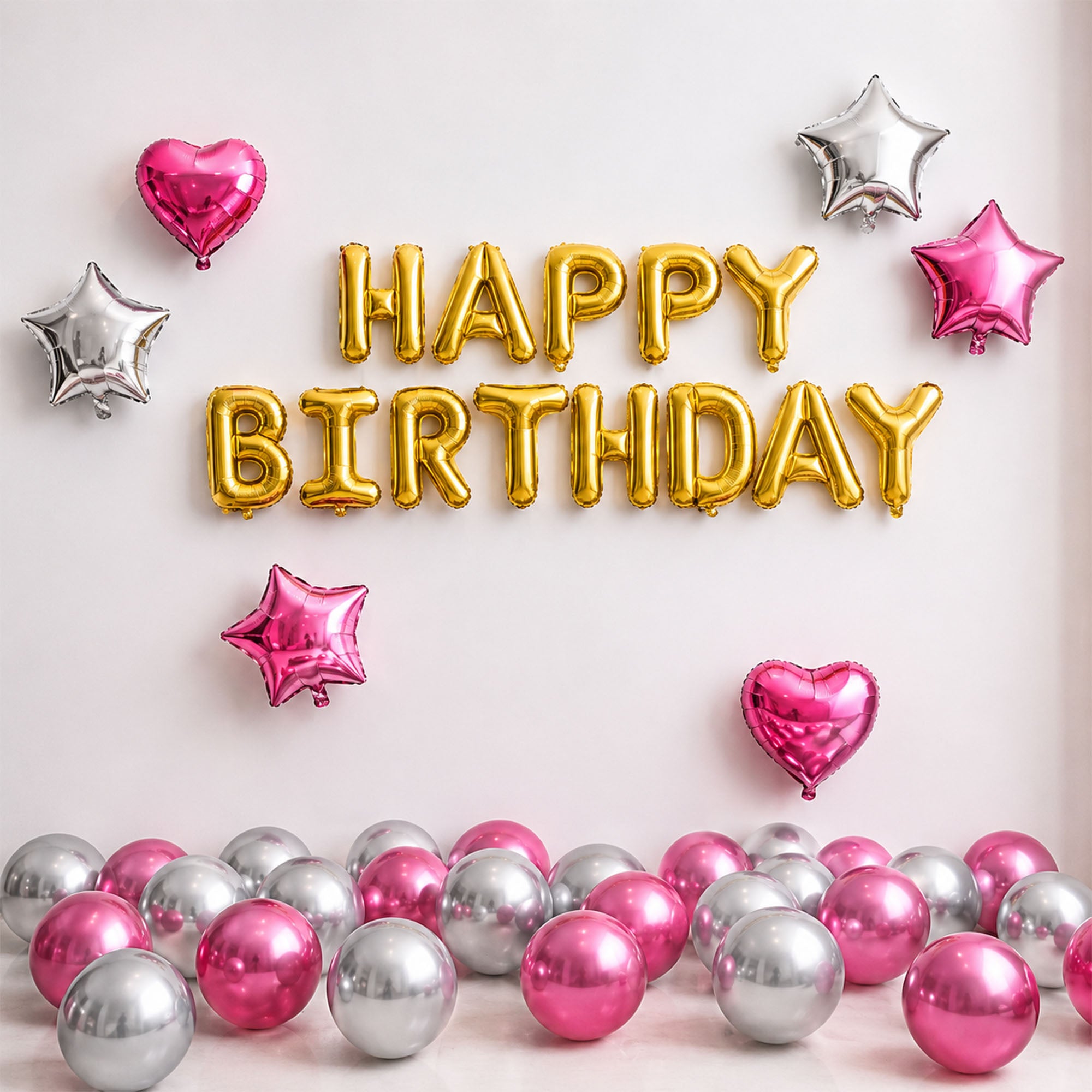 #color_Gold HBD Pink Silver Balloons