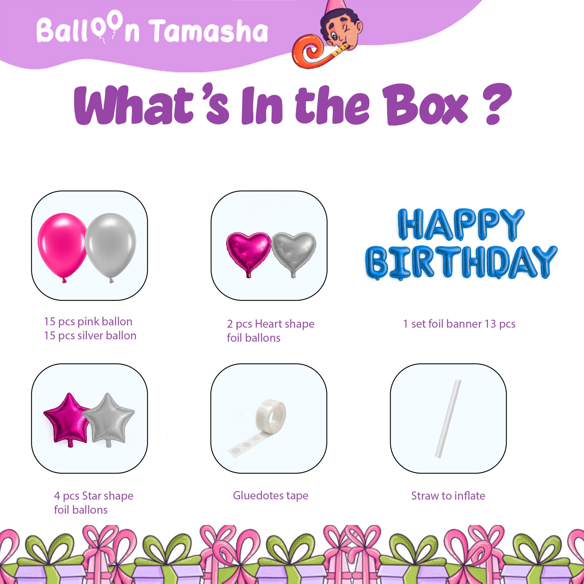 #color_Blue HBD Pink Silver Balloons