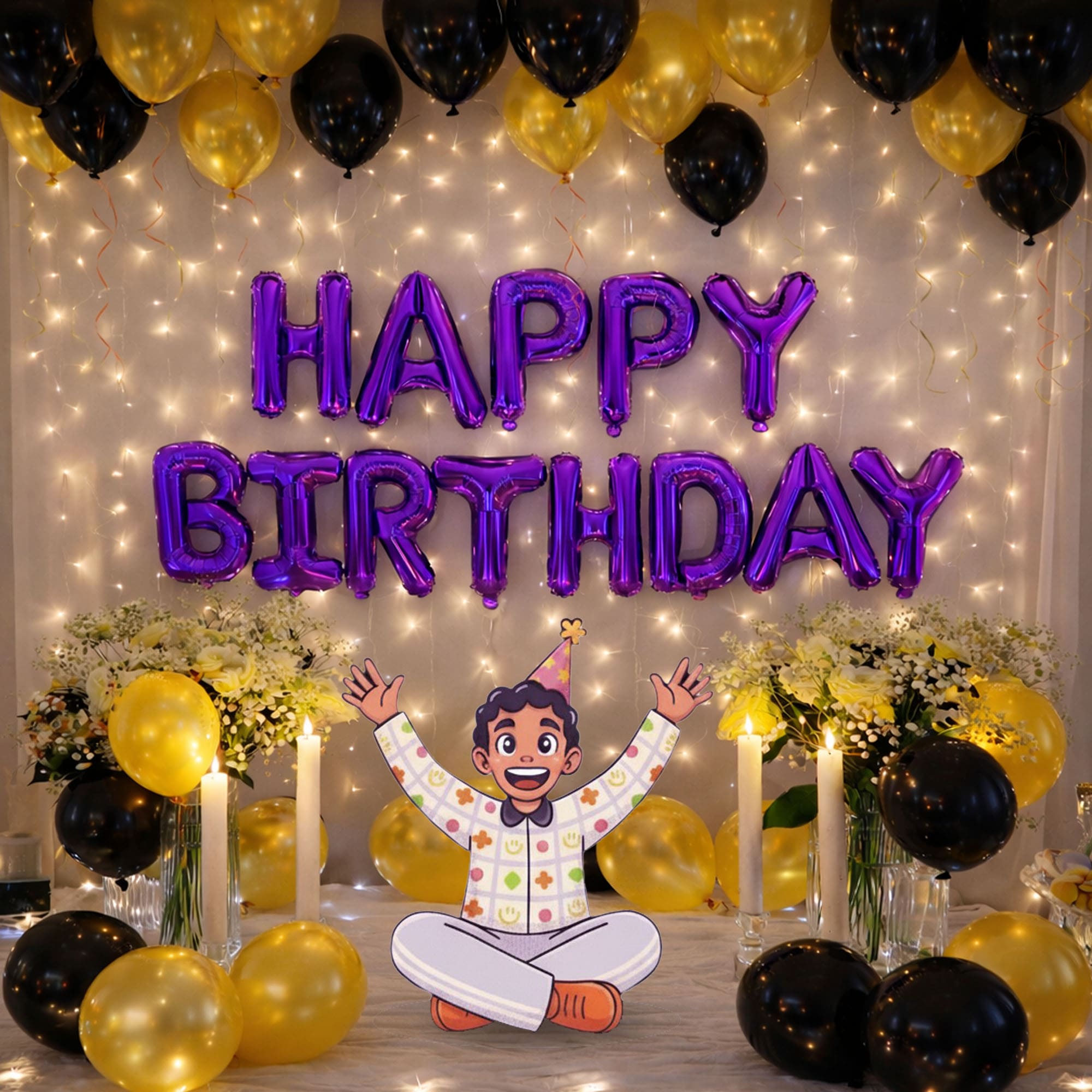 #Color_Gold & Black Balloons with Purple HBD