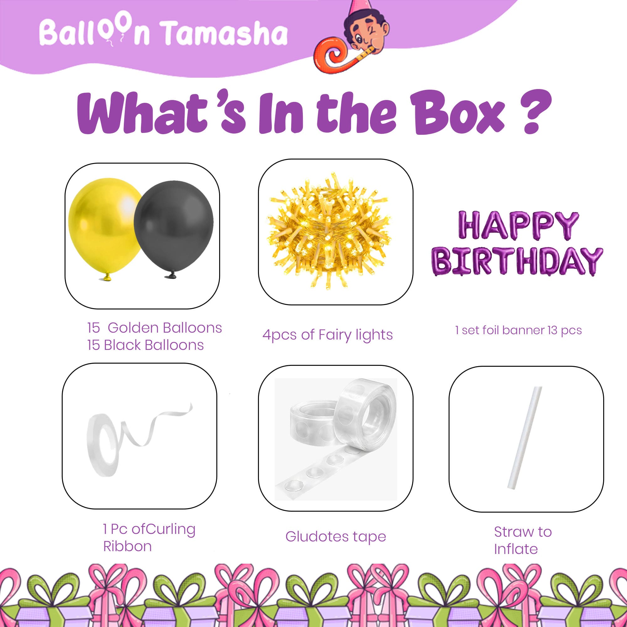 #Color_Gold & Black Balloons with Purple HBD