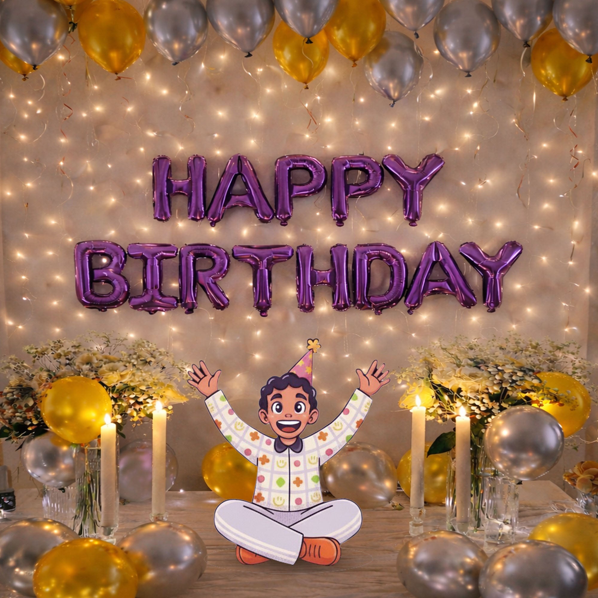 #Color_Silver & Gold Balloons with Purple HBD