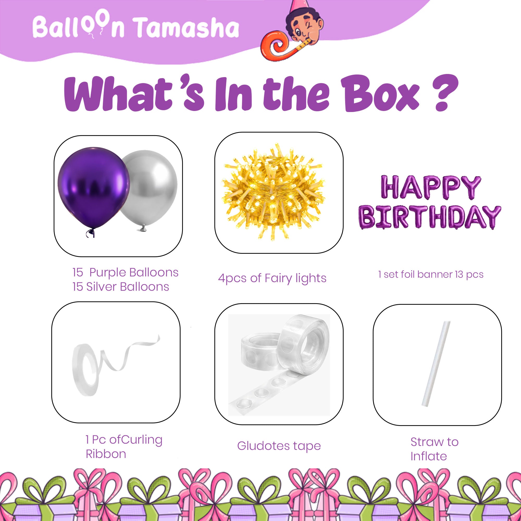 #Color_Purple & Silver Balloons with Purple HBD