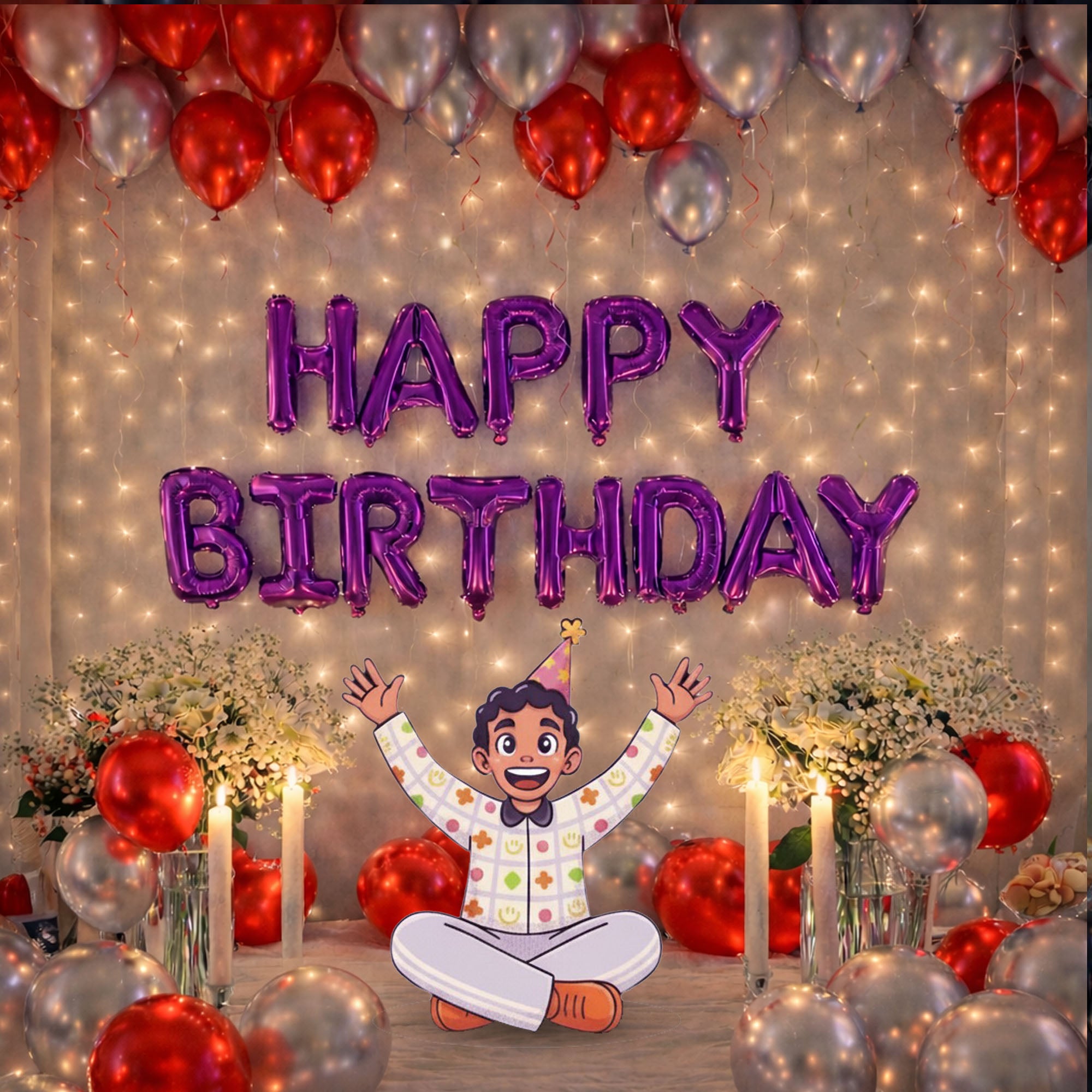 #Color_Silver & Red Balloons with Purple HBD