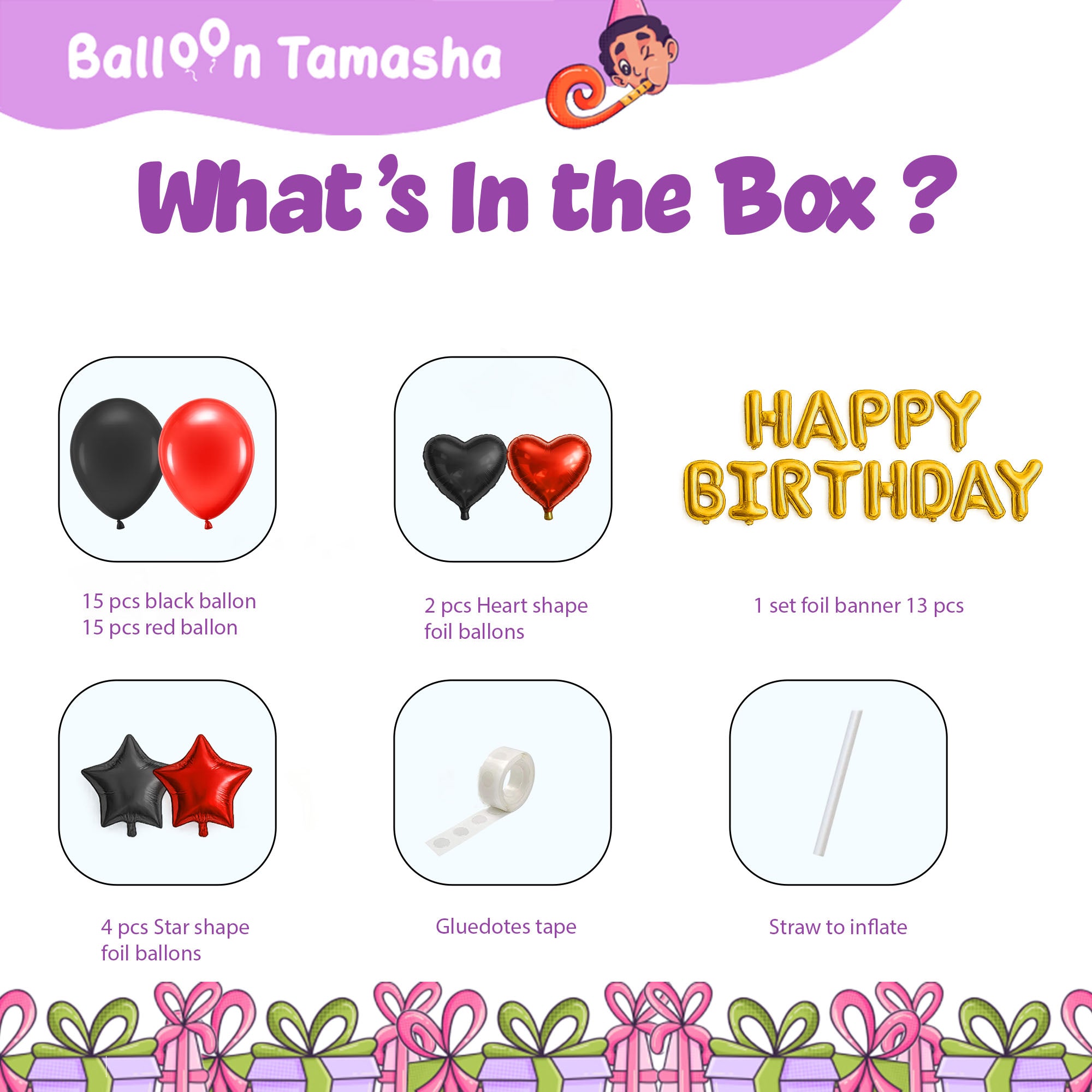 #color_Gold HBD Black Red Balloons