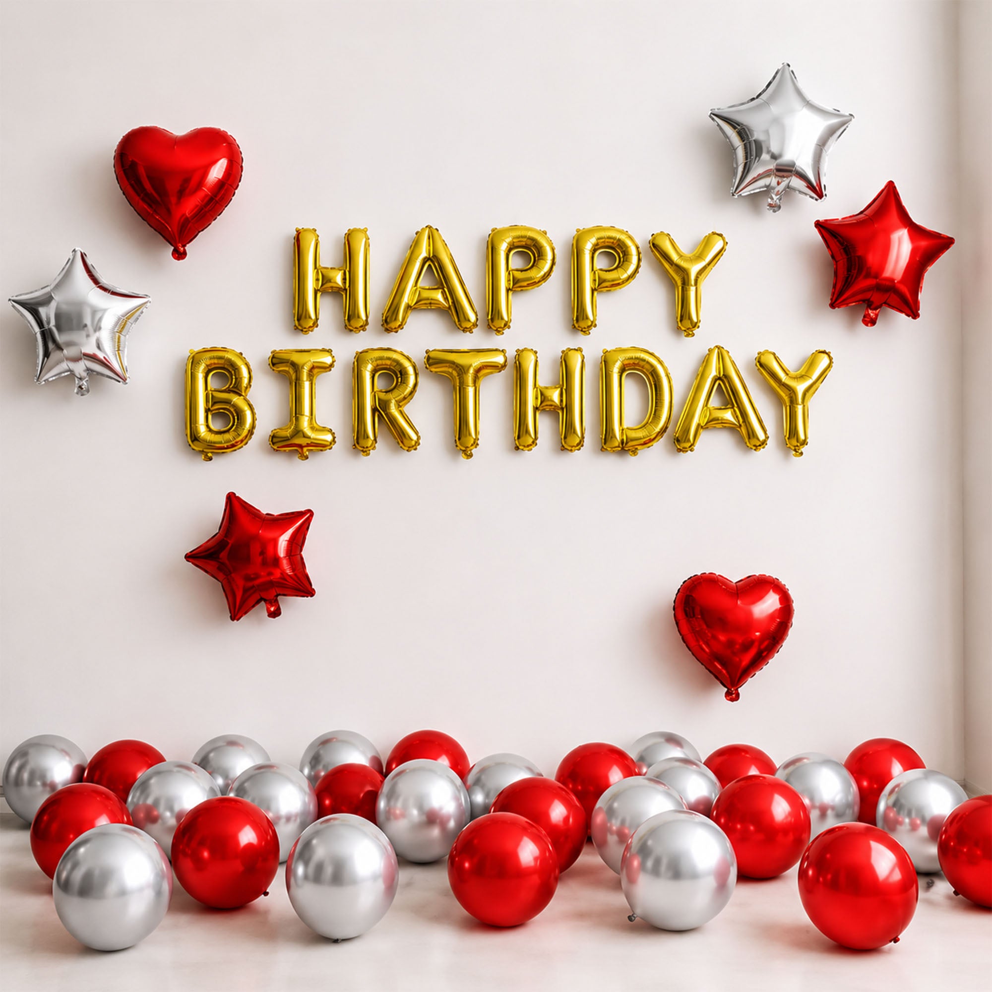 #color_Gold HBD Red Silver Balloons