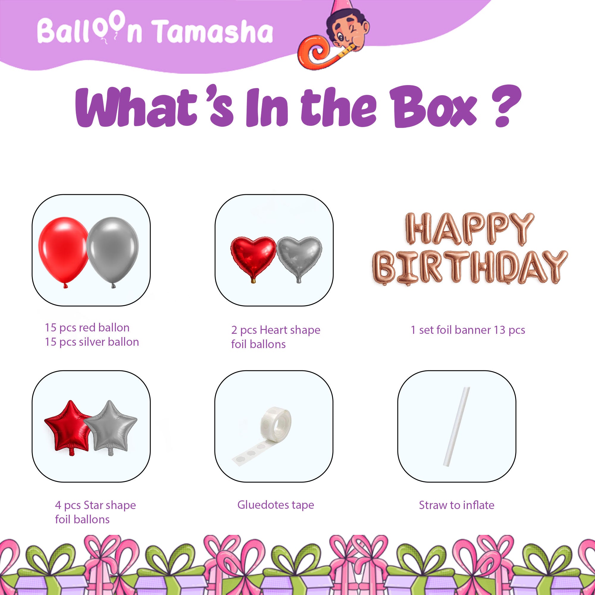 #color_Rosegold HBD Red Silver Balloons