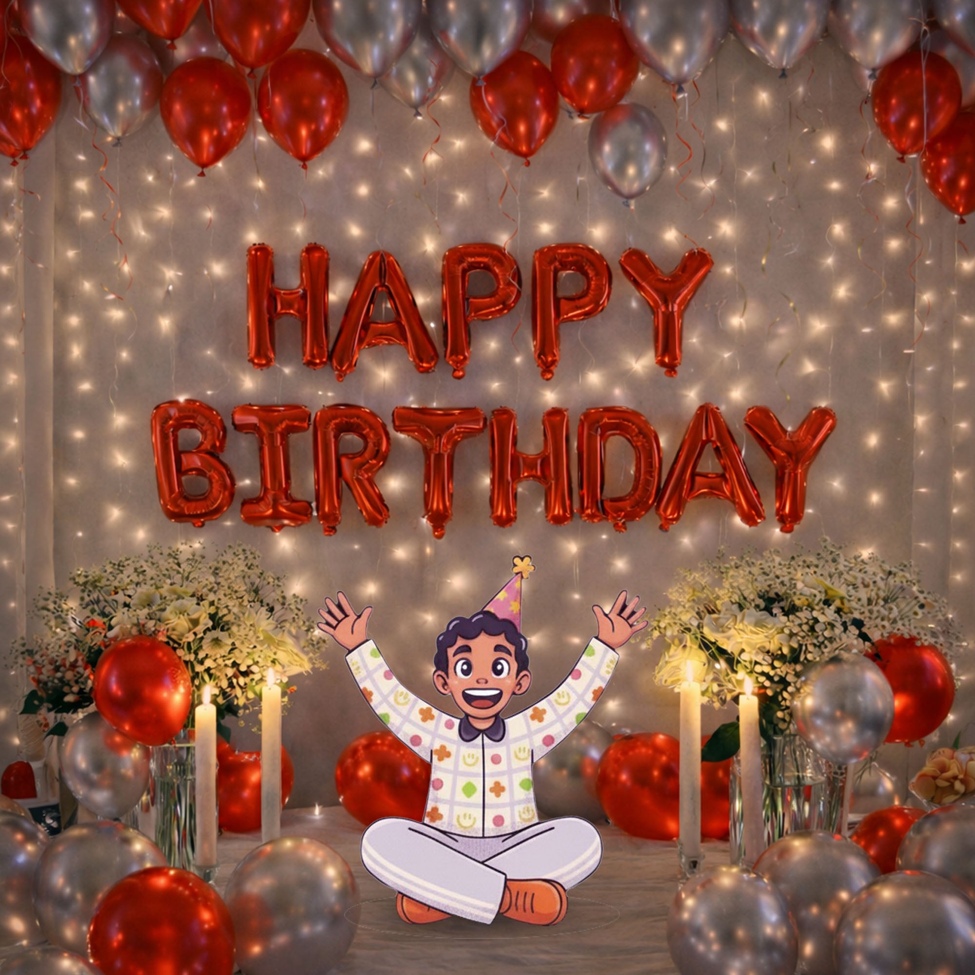 #Color_Silver and Red Balloons with Red HBD
