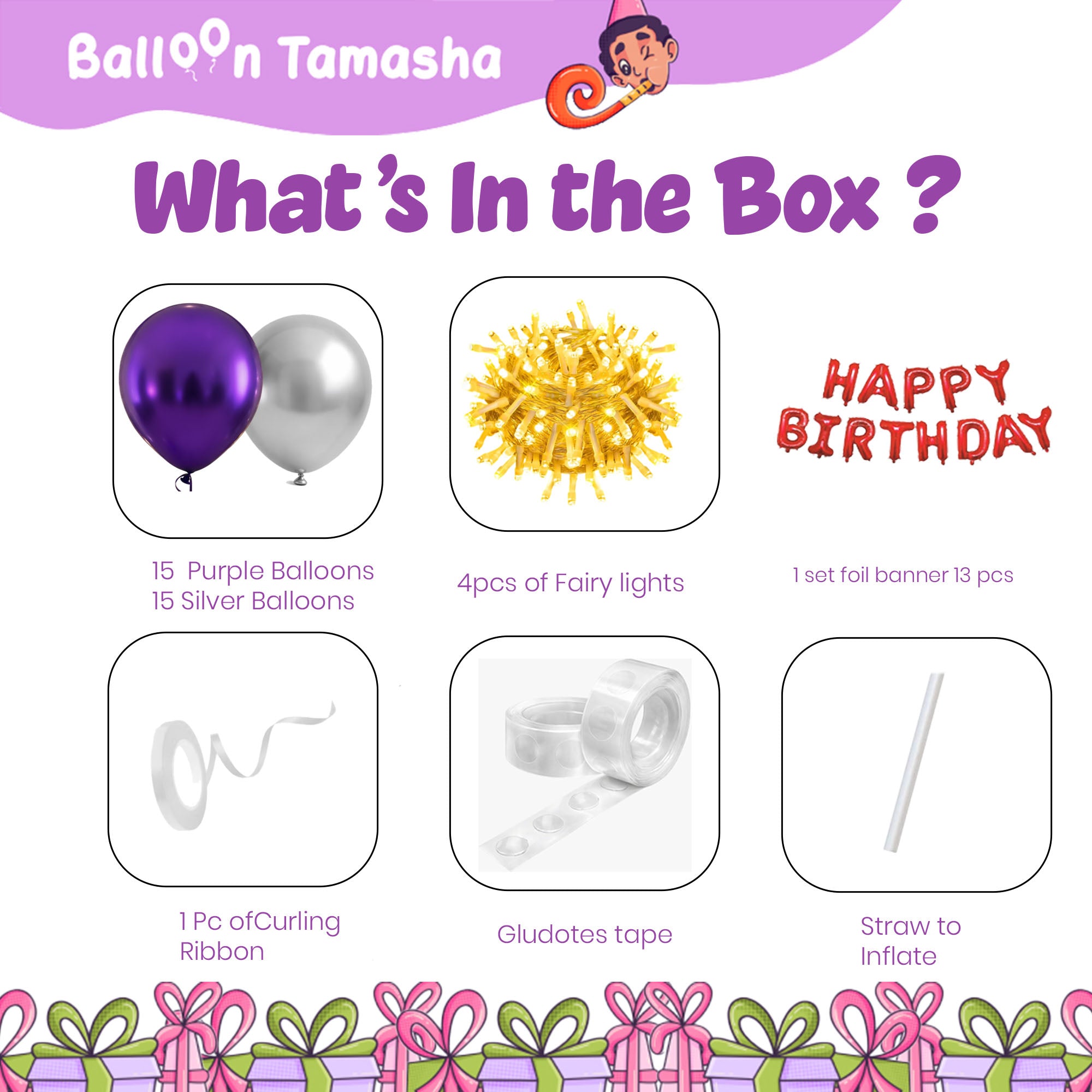 #Color_Purple & Silver Balloons with Red HBD