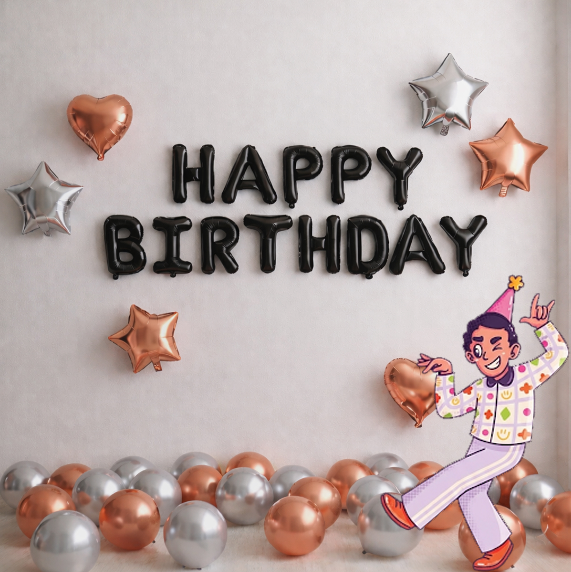#color_Black HBD Rosegold Silver Balloons