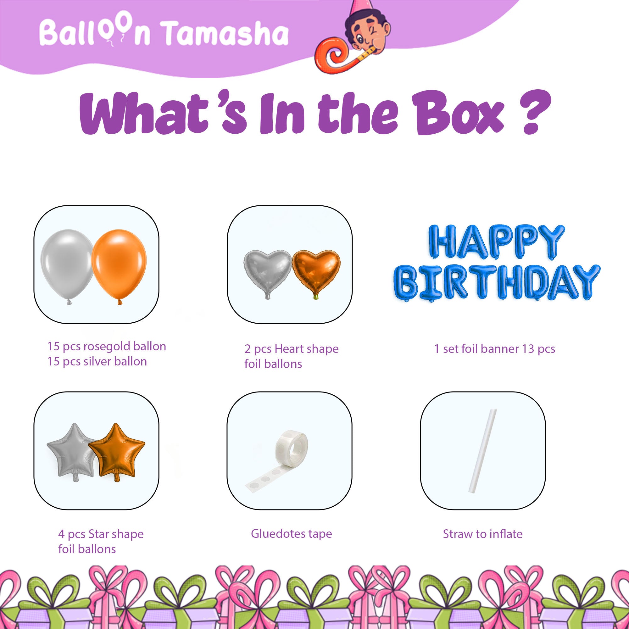 #color_Blue HBD Rosegold Silver Balloons