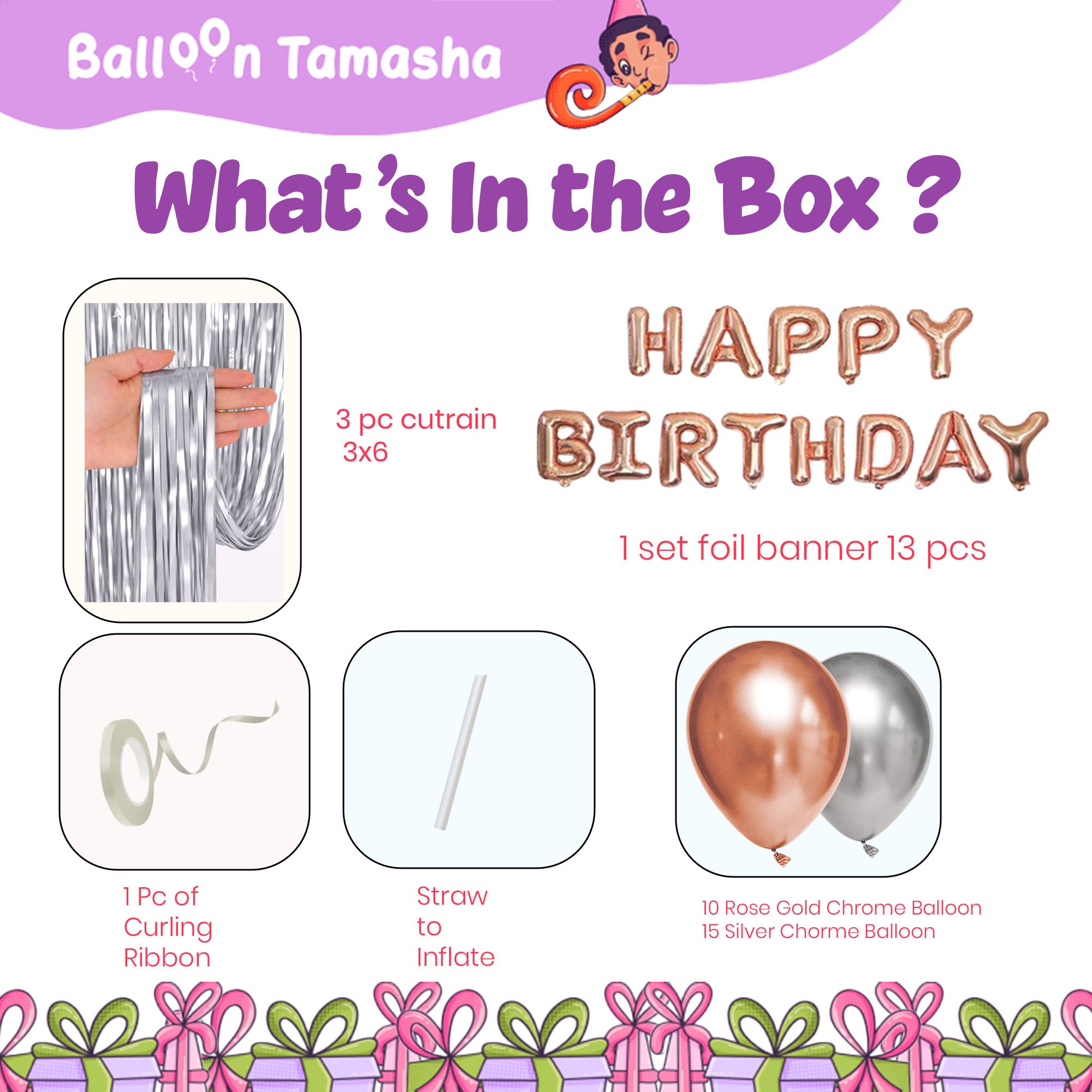#Color_Silver Curtains with Rose Gold & Silver Balloons | Rosegold HBD