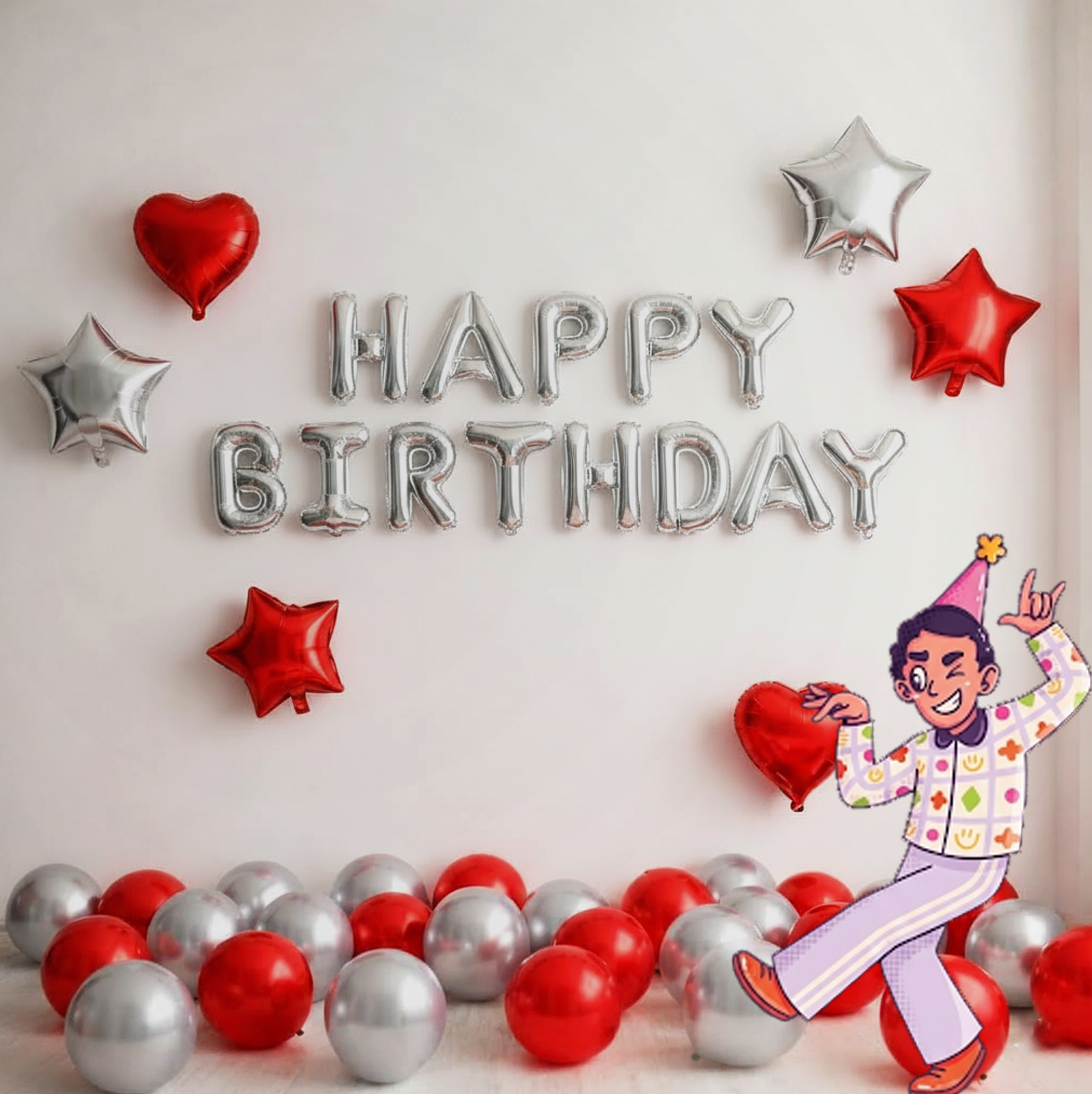 #color_Silver HBD Red Silver Balloons