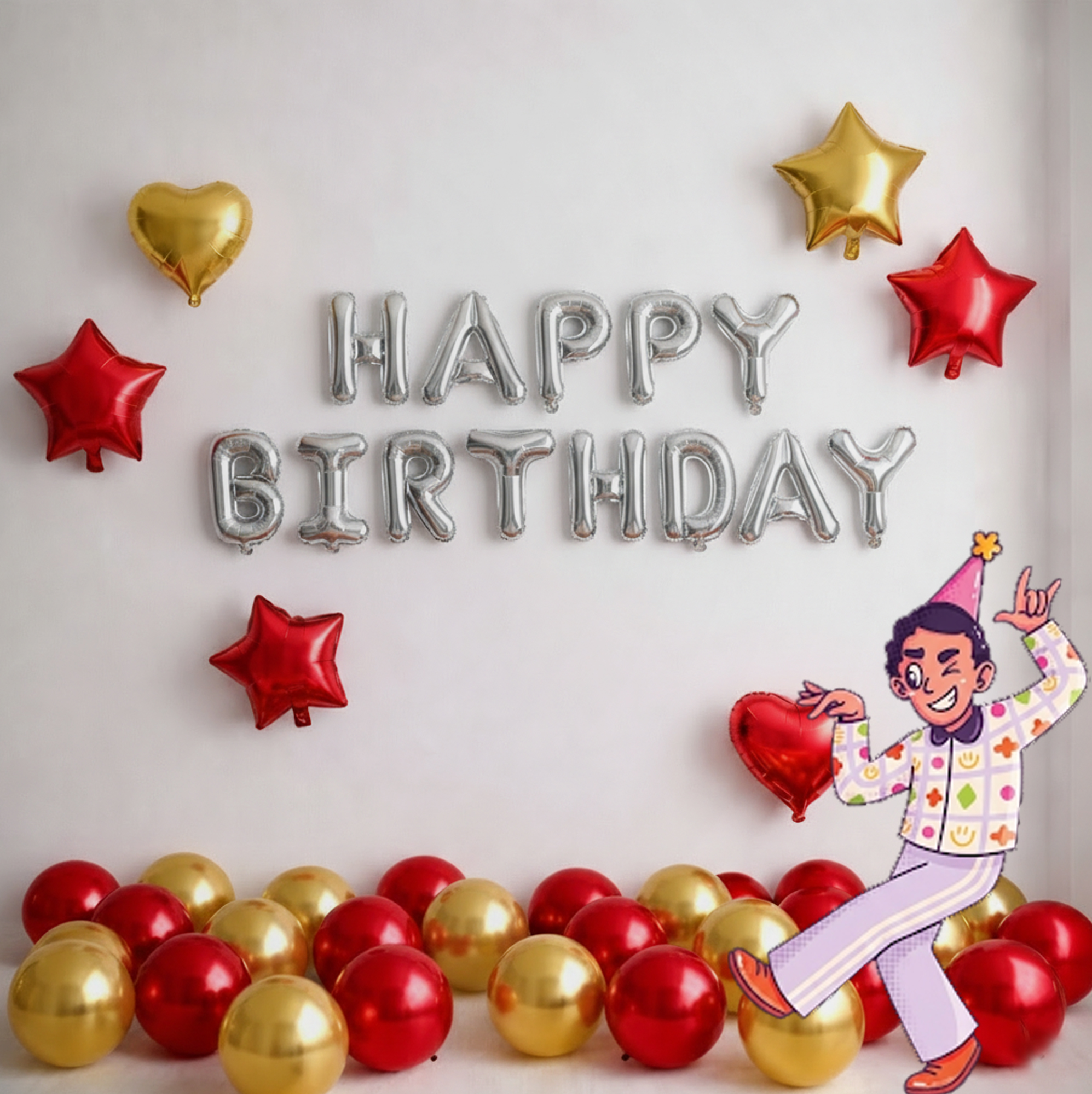 #color_Silver HBD Red Gold Balloons