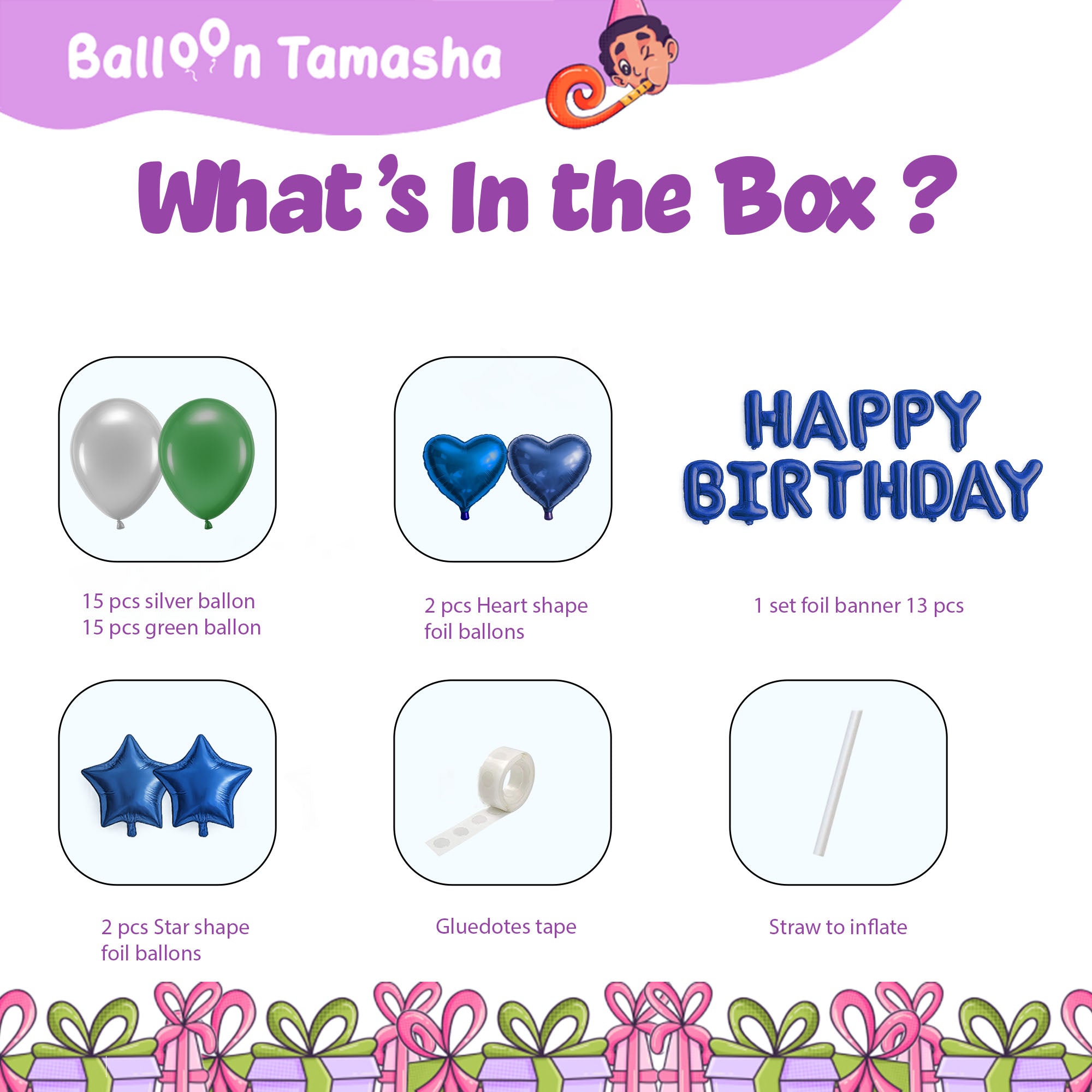#color_Blue HBD Green Silver Balloons