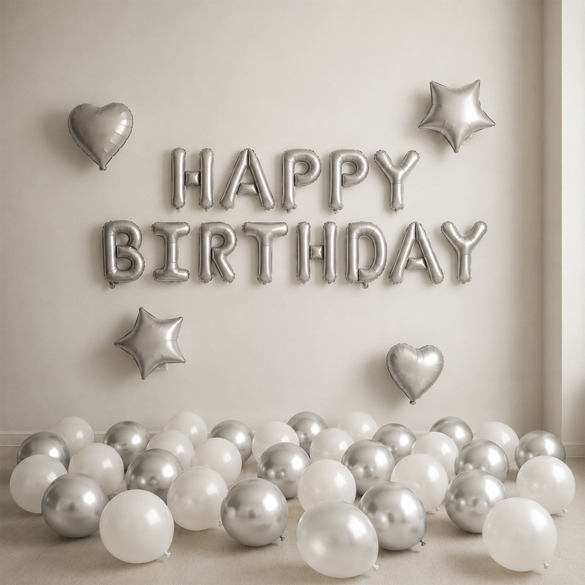 #color_Silver HBD Silver White Balloons