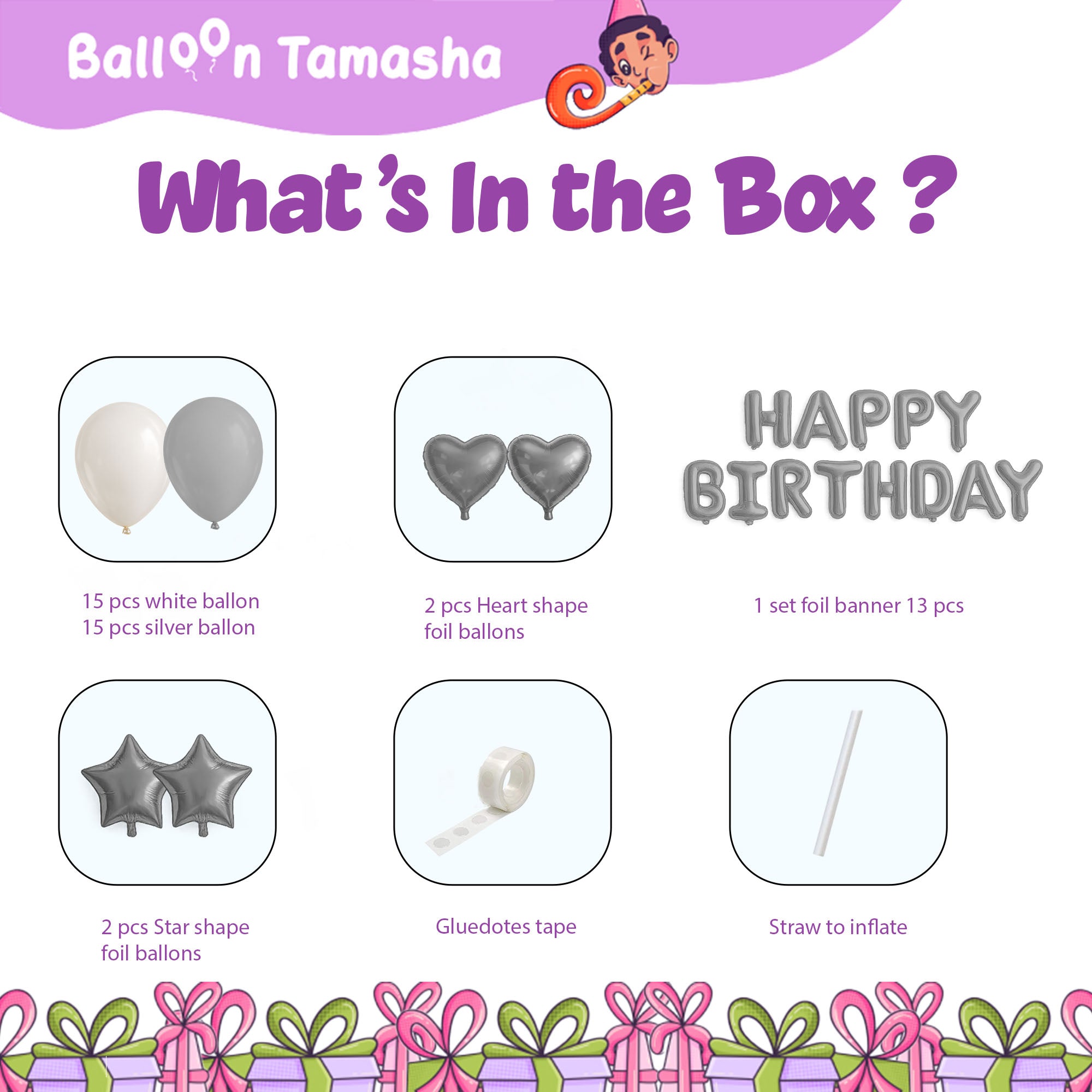 #color_Silver HBD Silver White Balloons