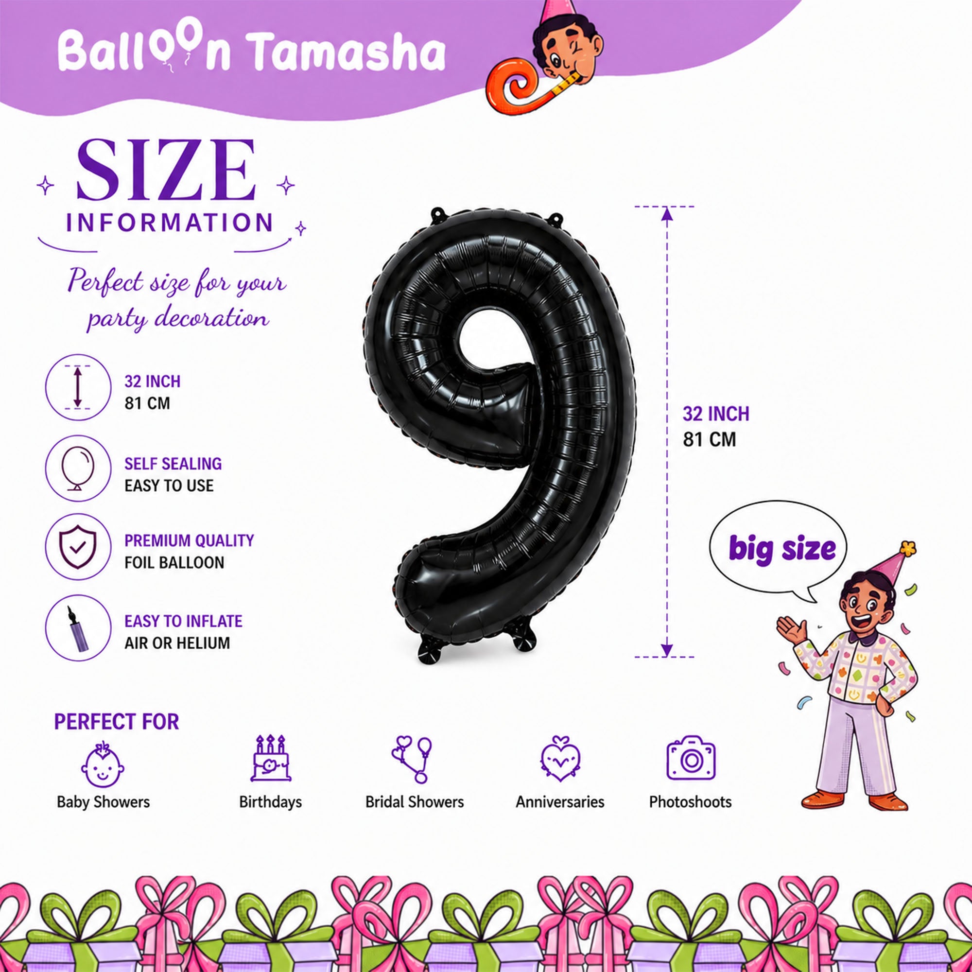 0 to 9 Black color Number shape foil
