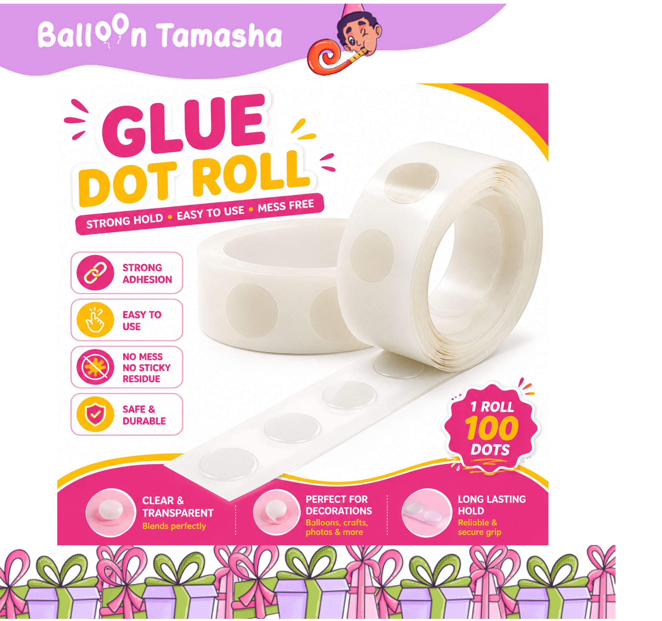 Balloon Glue Dot Roll | Transparent Double-Sided Adhesive Tape for Balloon Decorations & Crafts