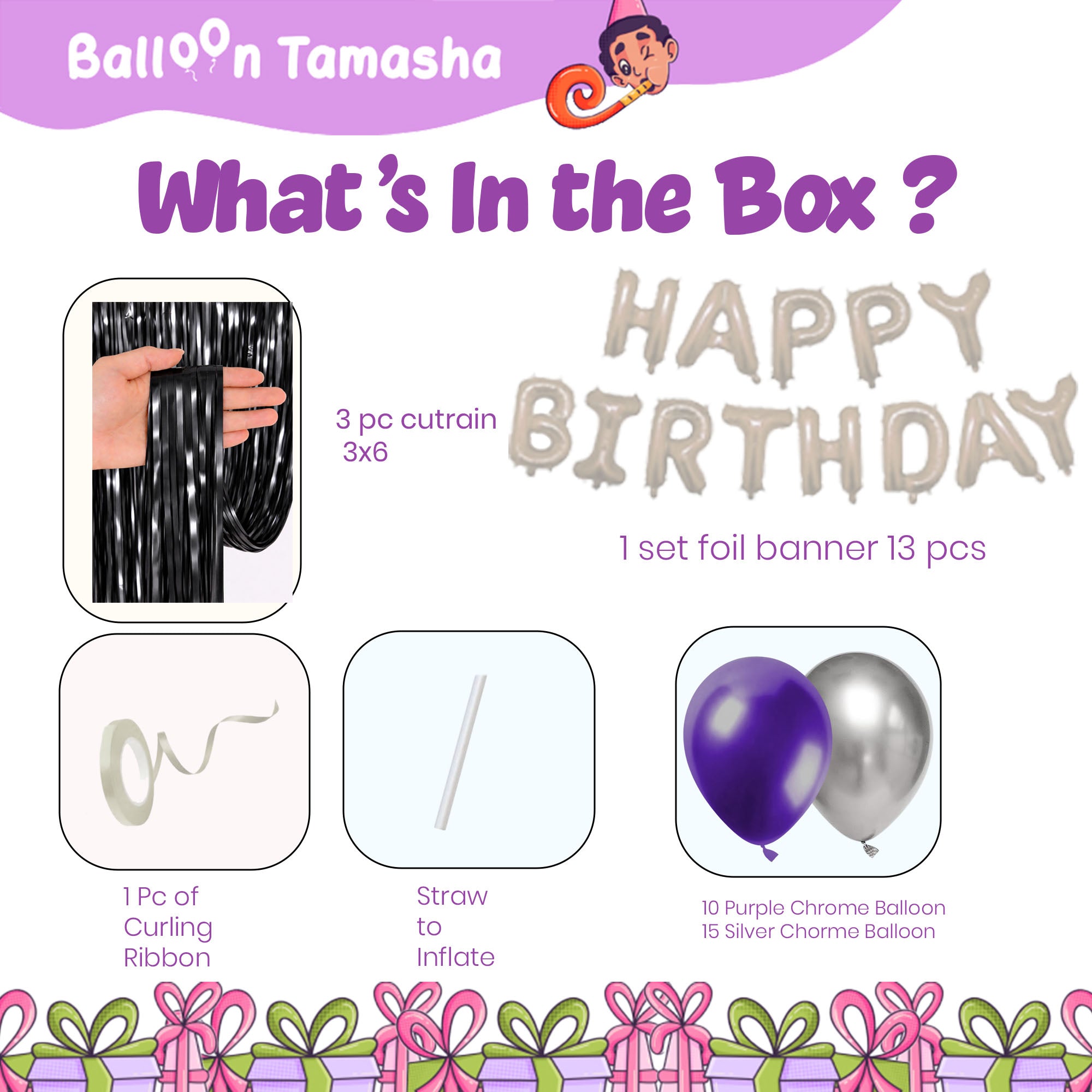 #Color_Black Curtain with Silver & Purple Balloons | Silver HBD