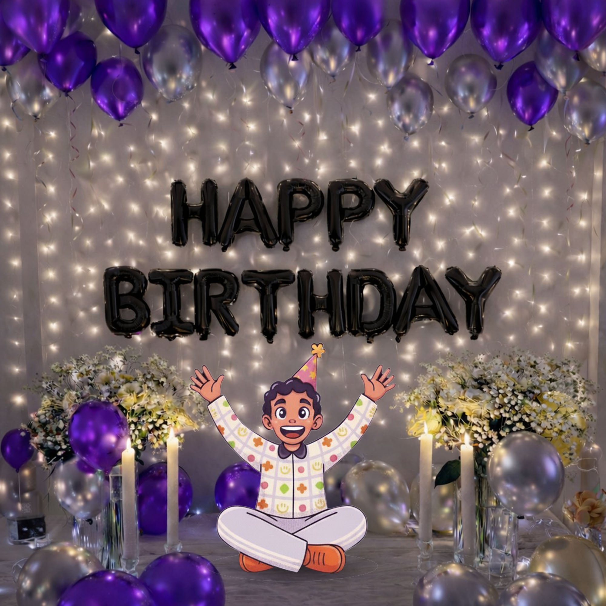 #Color_Silver & Purple Balloons with Black HBD