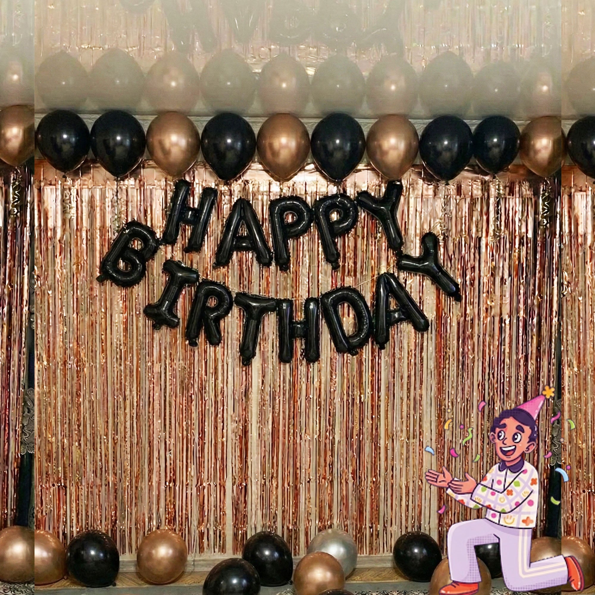 #Color_Rosegold Curtain with Black & Rosegold Balloons | Black HBD