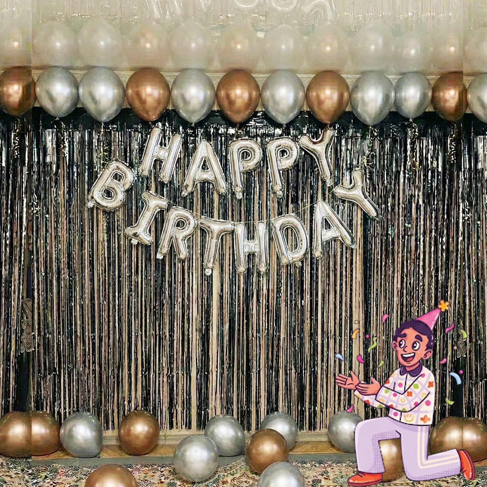 #Color_Black Silver Curtain with Rosegold & Silver Balloons | Silver HBD