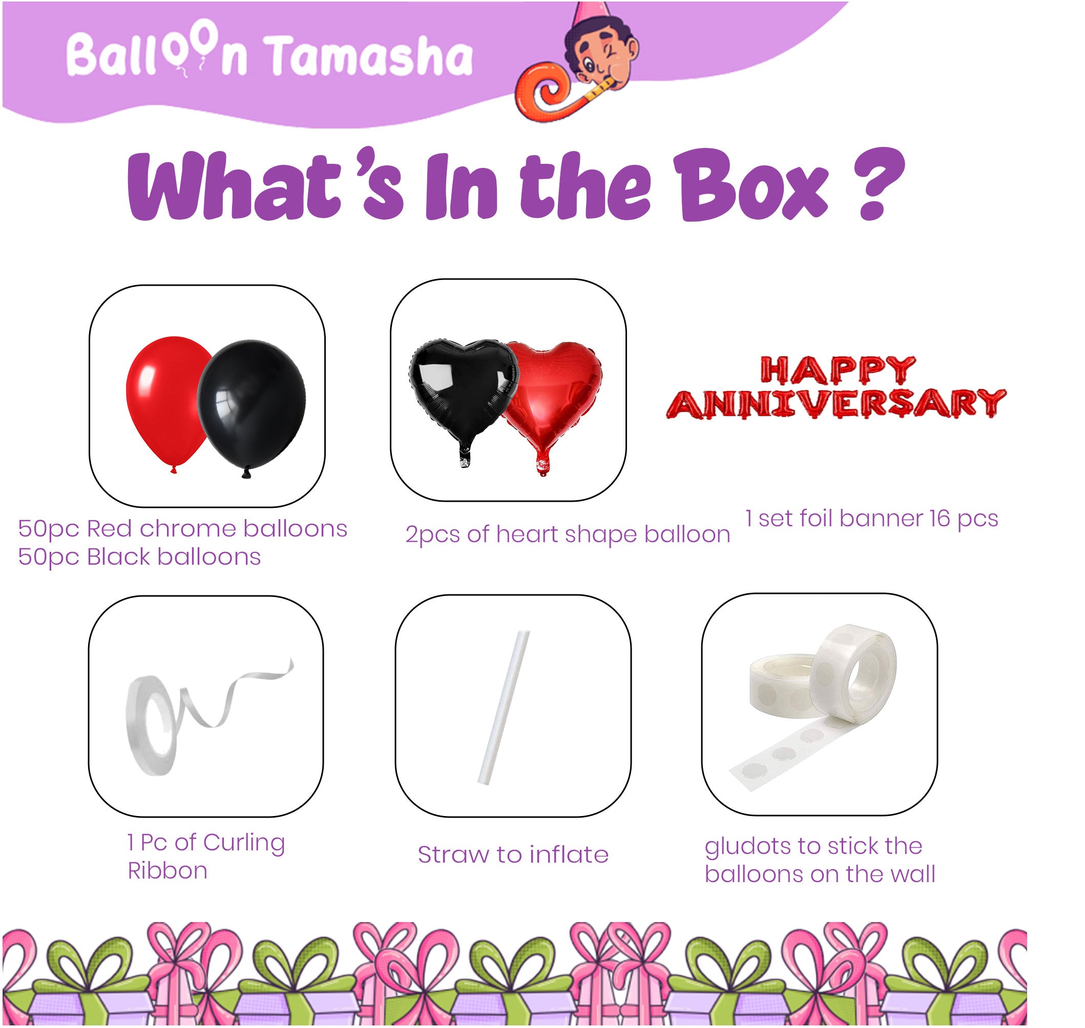 Happy Anniversary Romantic Room Decoration Set | Red & White Balloon Surprise Kit with Heart Foil Balloons