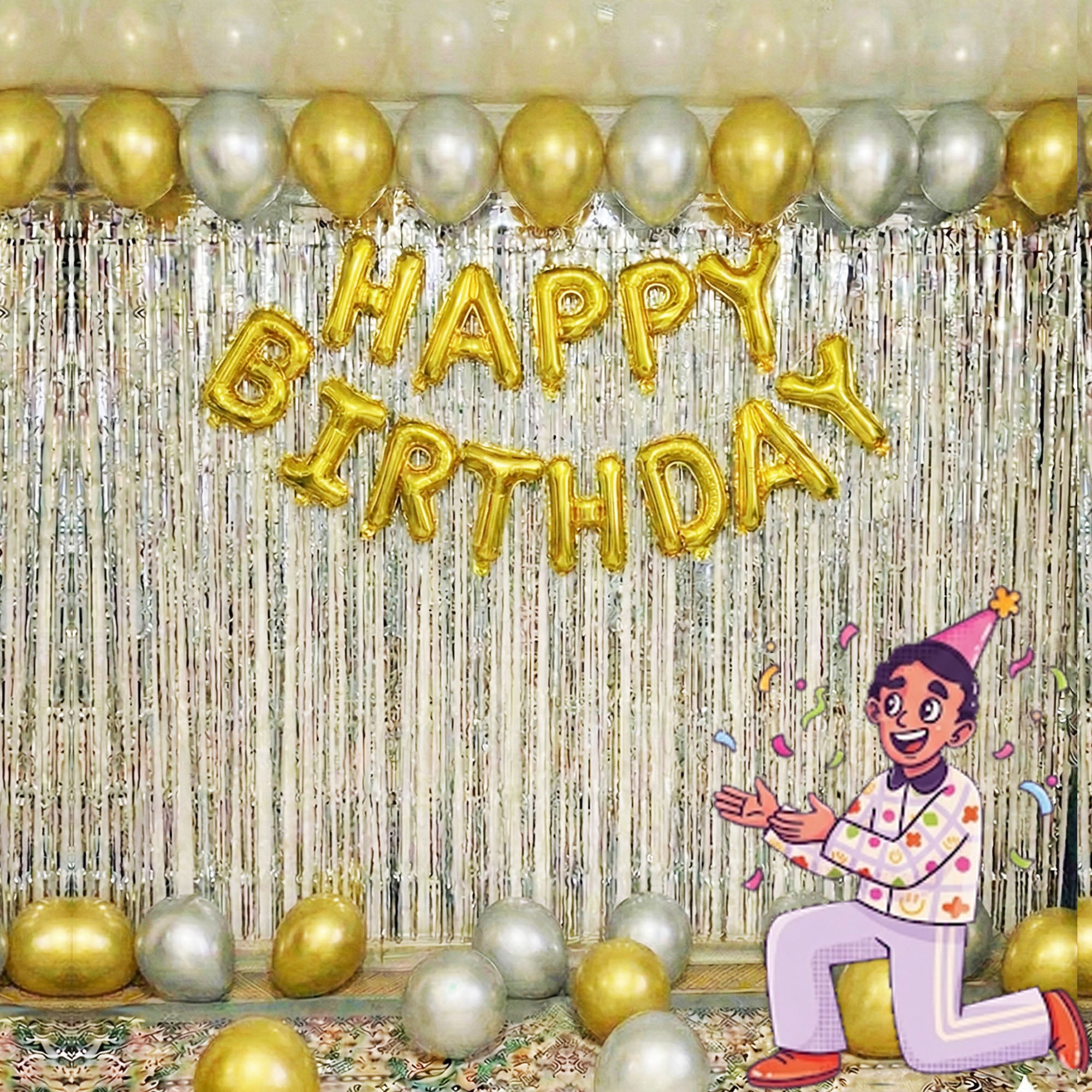 #Color_Silver Curtain with Gold & Silver Balloons | Gold HBD
