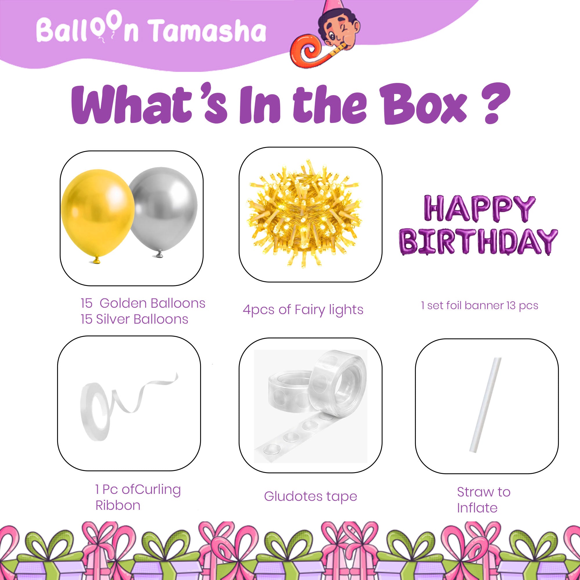 #Color_Silver & Gold Balloons with Purple HBD