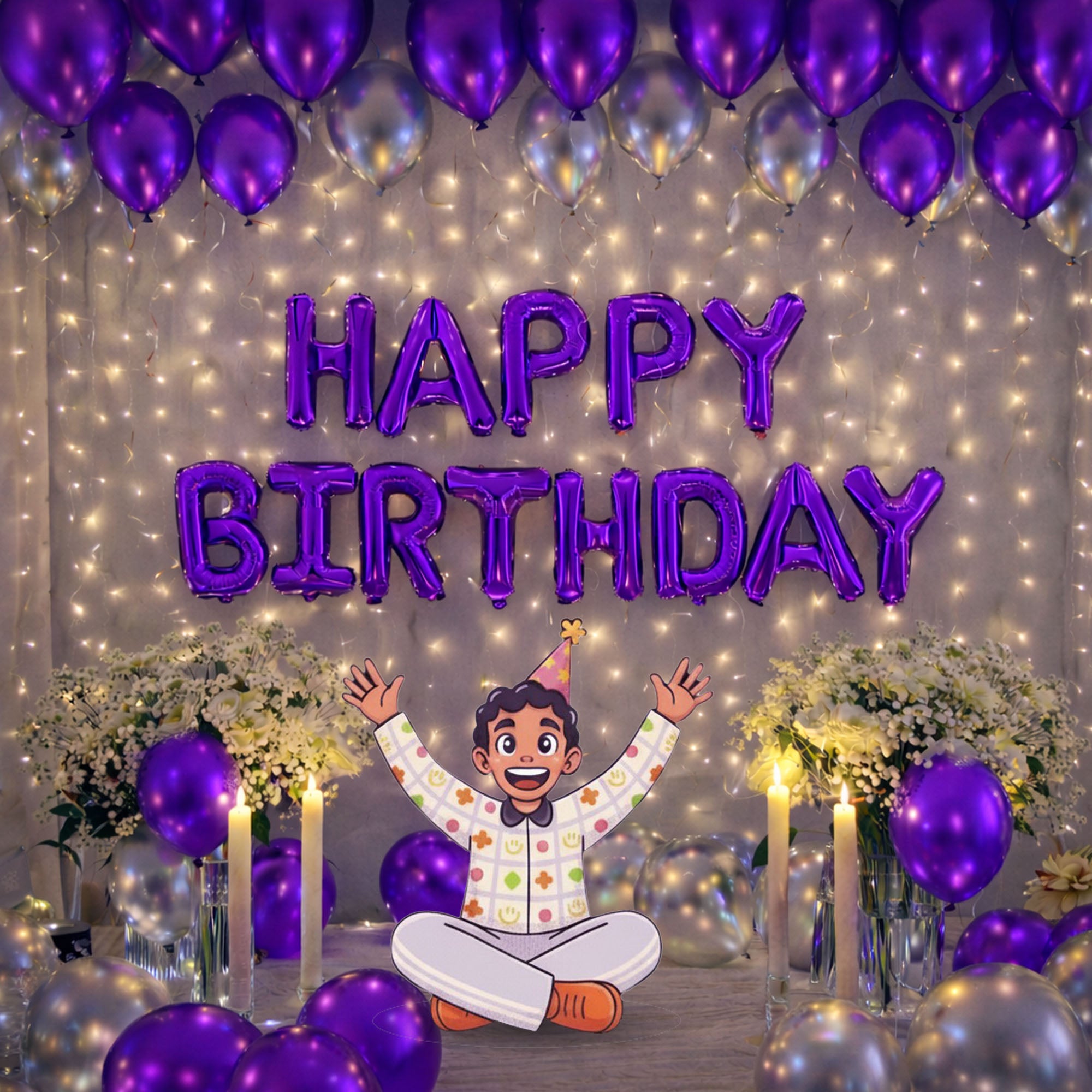 #Color_Purple & Silver Balloons with Purple HBD