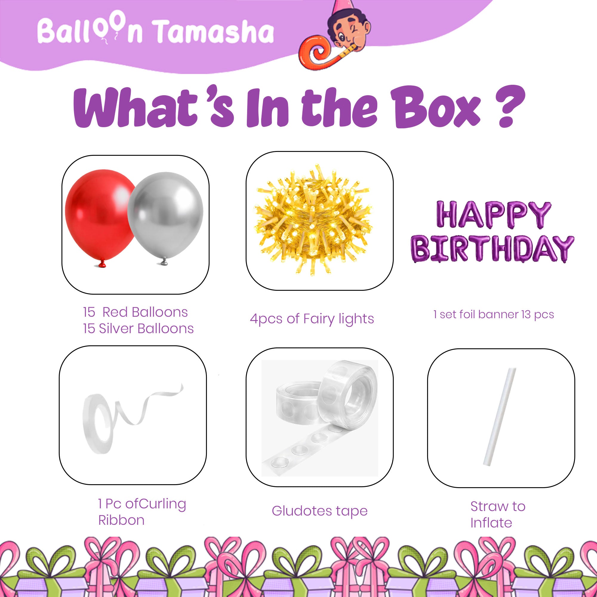 #Color_Silver & Red Balloons with Purple HBD