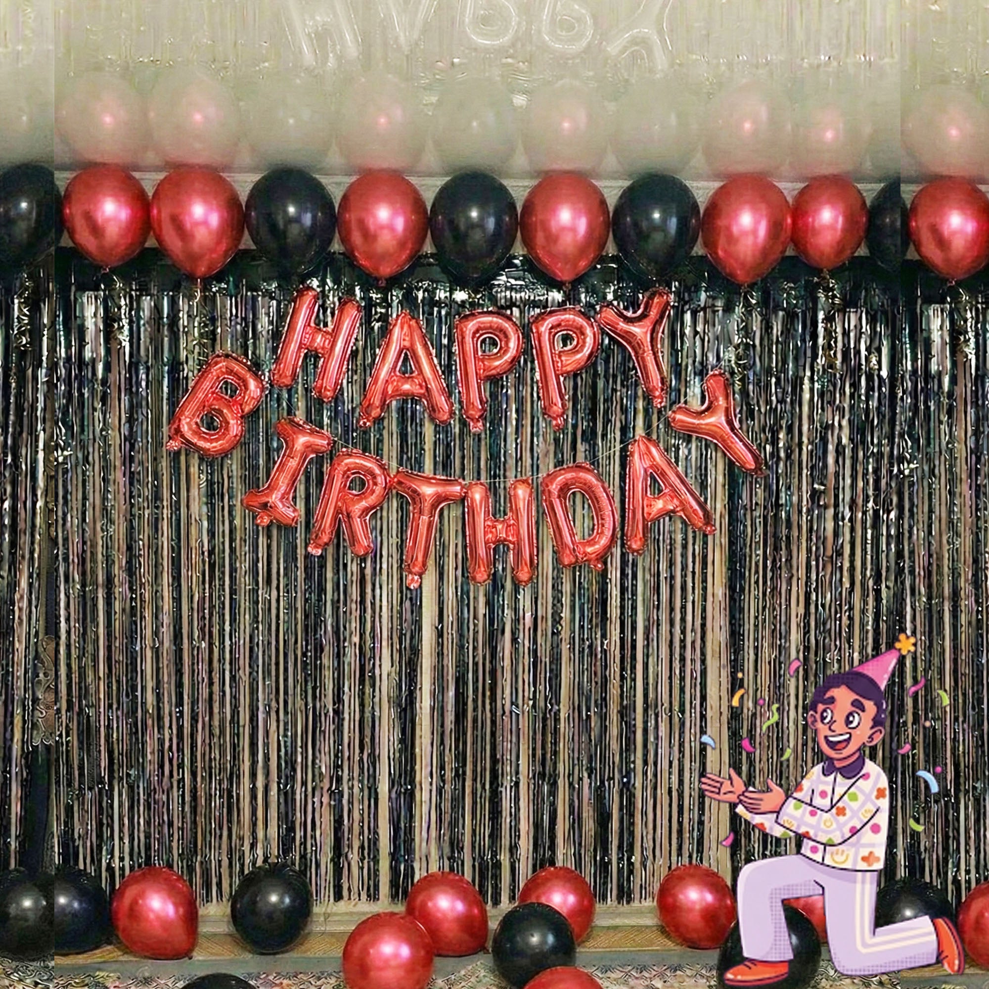 #Color_Black Curtain with Red & Black Balloons | Red HBD