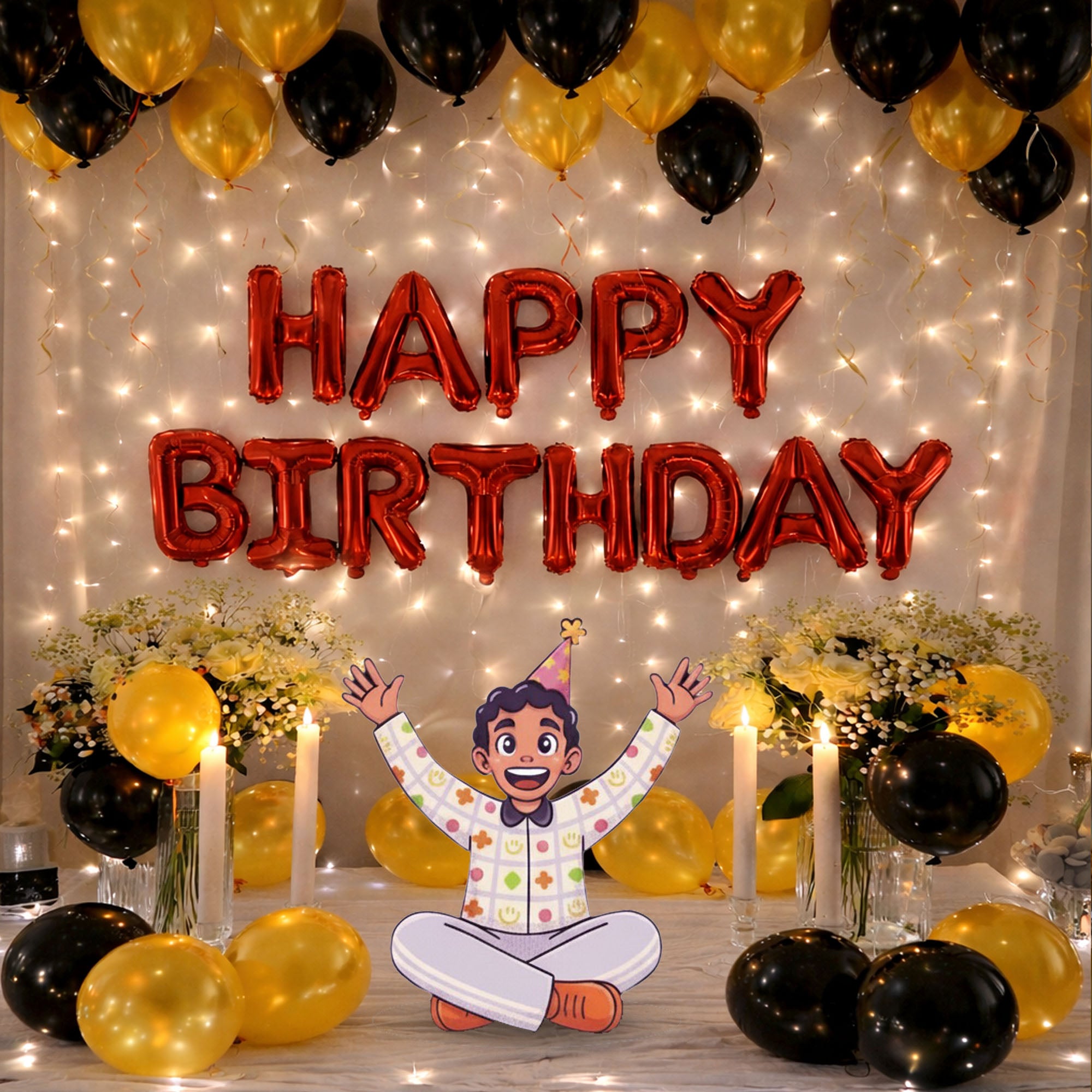 #Color_Black & Gold Balloons with Red HBD