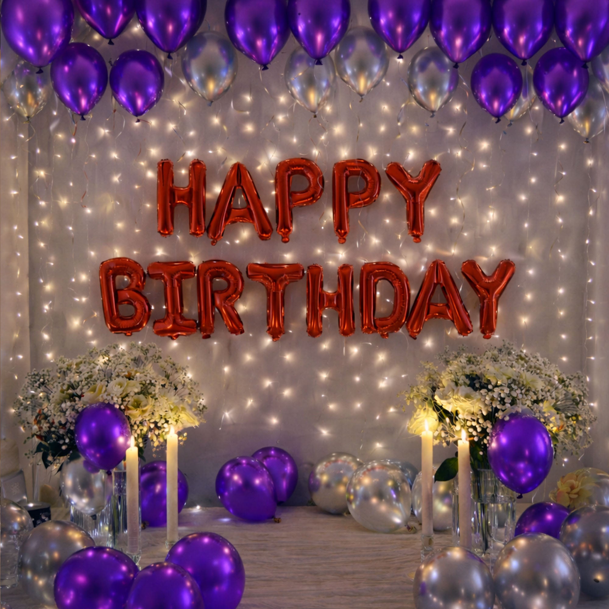 #Color_Purple & Silver Balloons with Red HBD