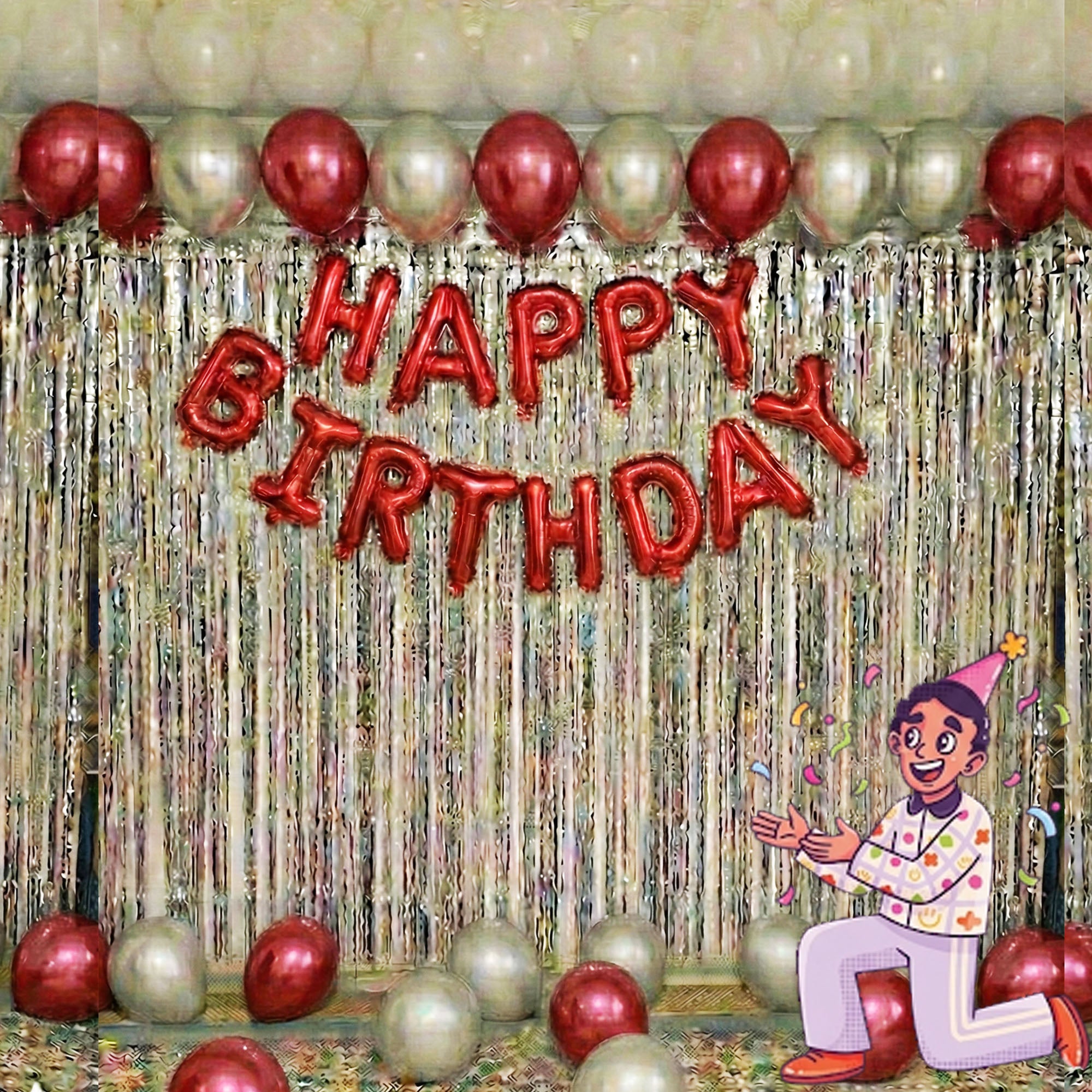 #Color_Silver Curtain with Red & Silver Balloons | Red HBD
