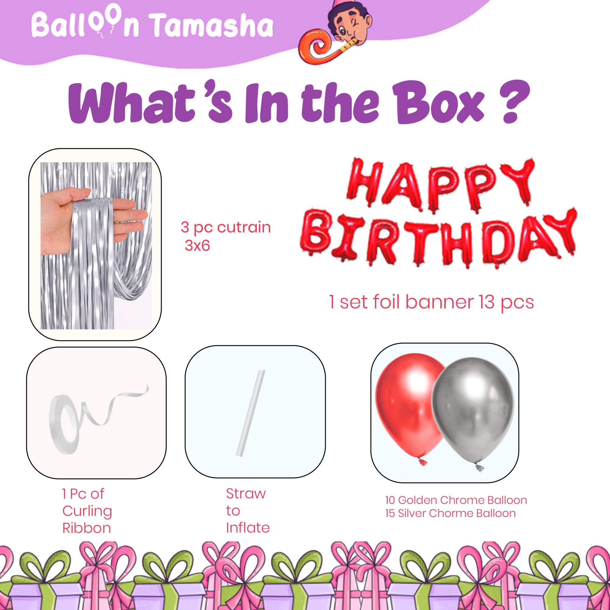 #Color_Silver Curtain with Red & Silver Balloons | Red HBD