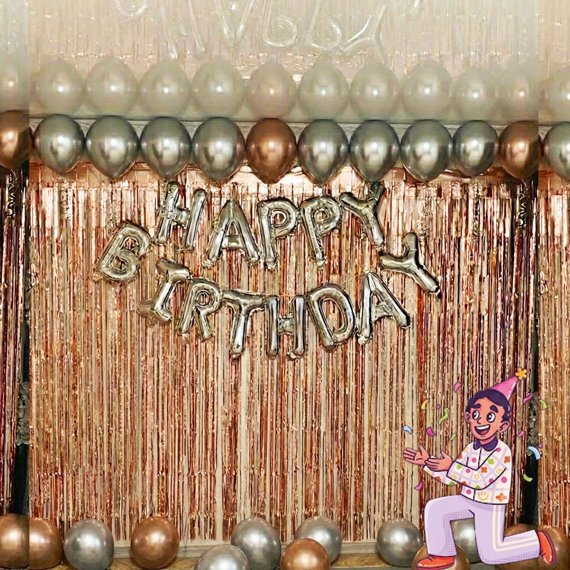 #Color_Rosegold Curtain with Silver & Rosegold Balloons | Silver HBD