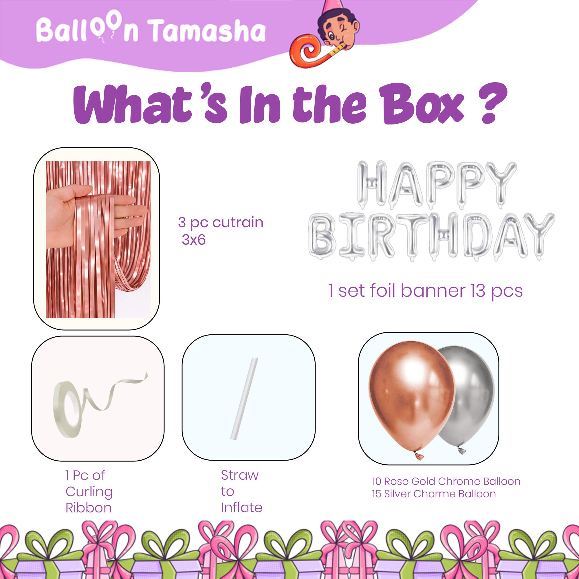 #Color_Rosegold Curtain with Silver & Rosegold Balloons | Silver HBD