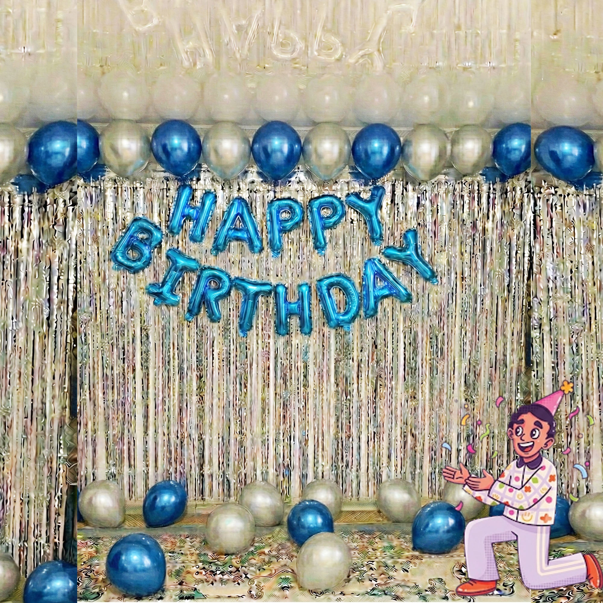 #Color_Silver Curtain with Blue & Silver Balloons | Blue HBD