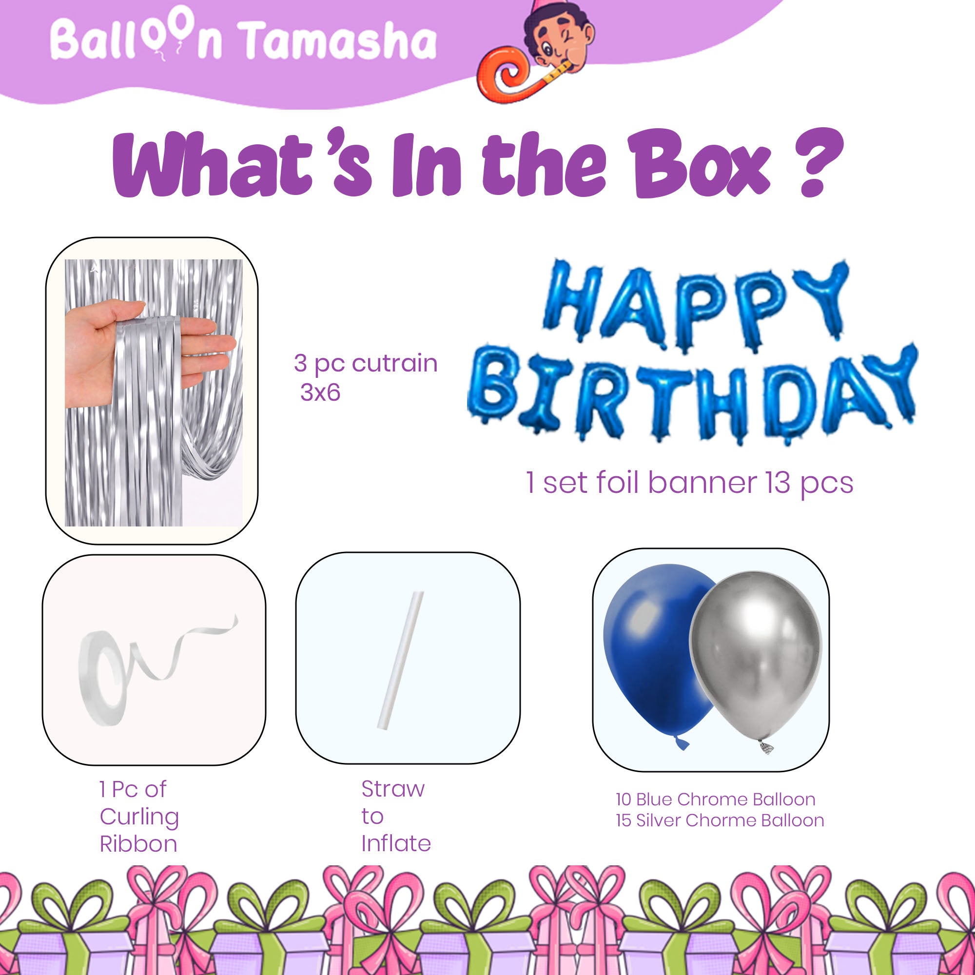 #Color_Silver Curtain with Blue & Silver Balloons | Blue HBD